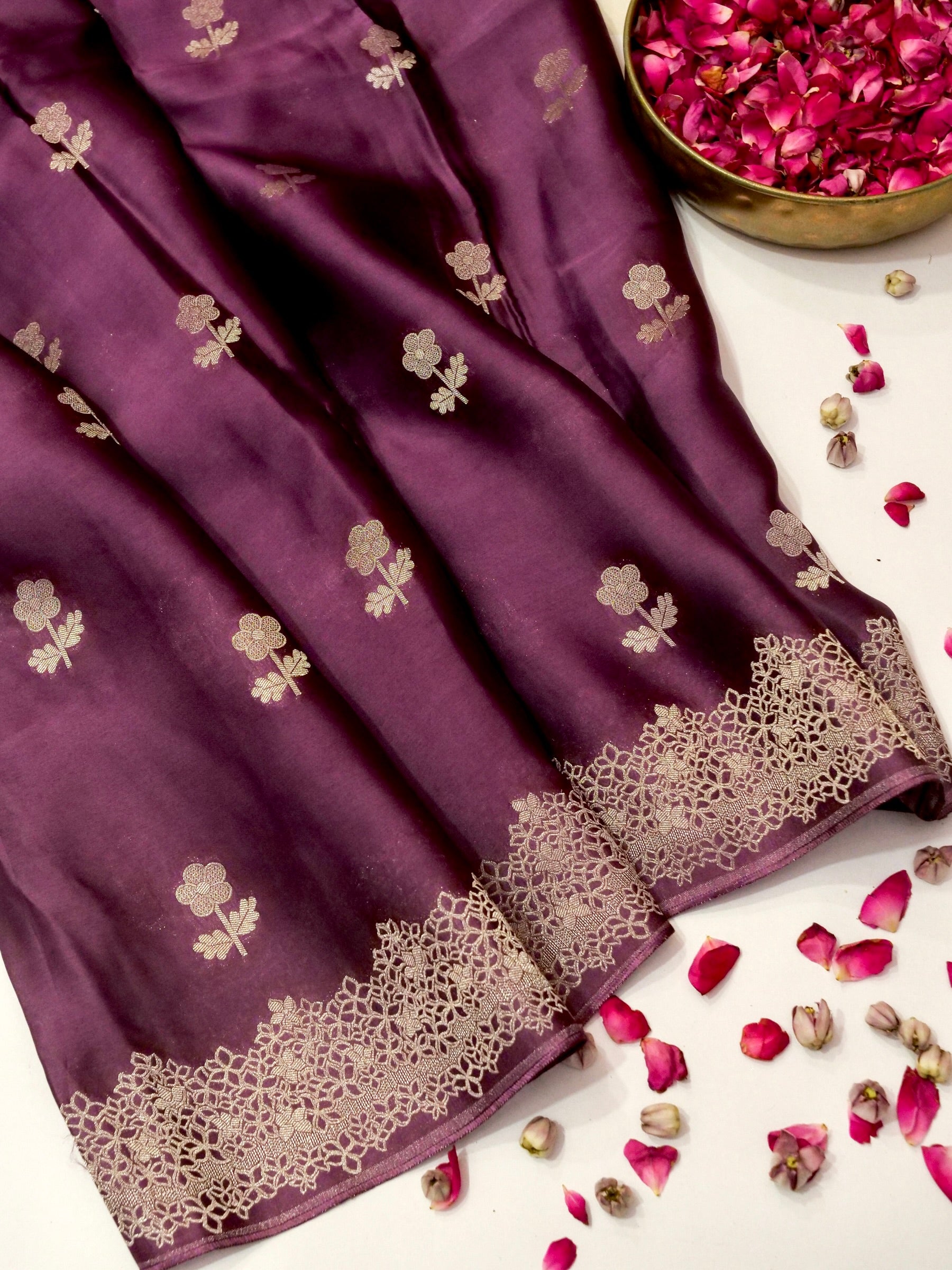 Aubergine Mashru Silk Saree with Champagne Lace-Style Border