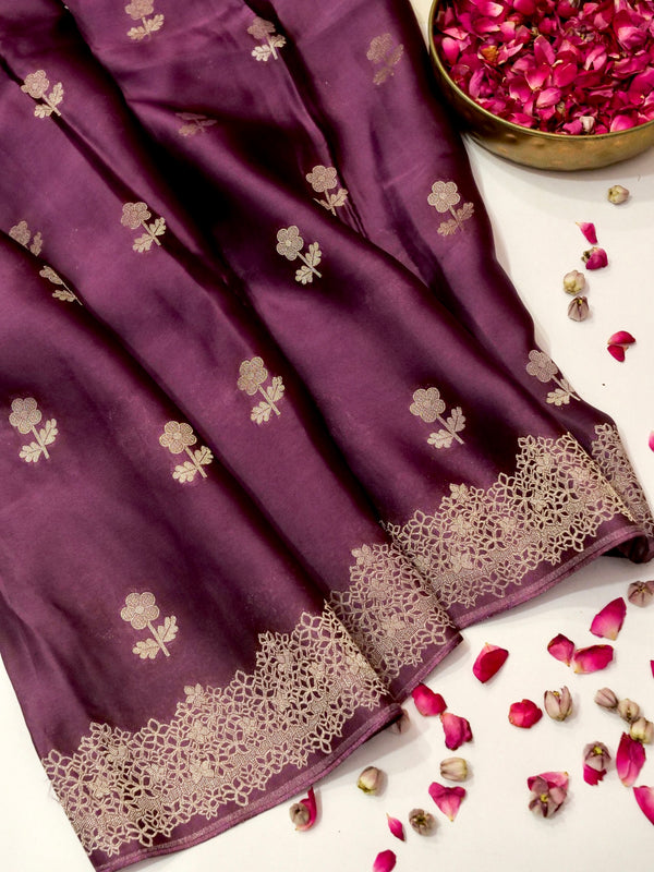 Aubergine Mashru Silk Saree with Champagne Lace-Style Border