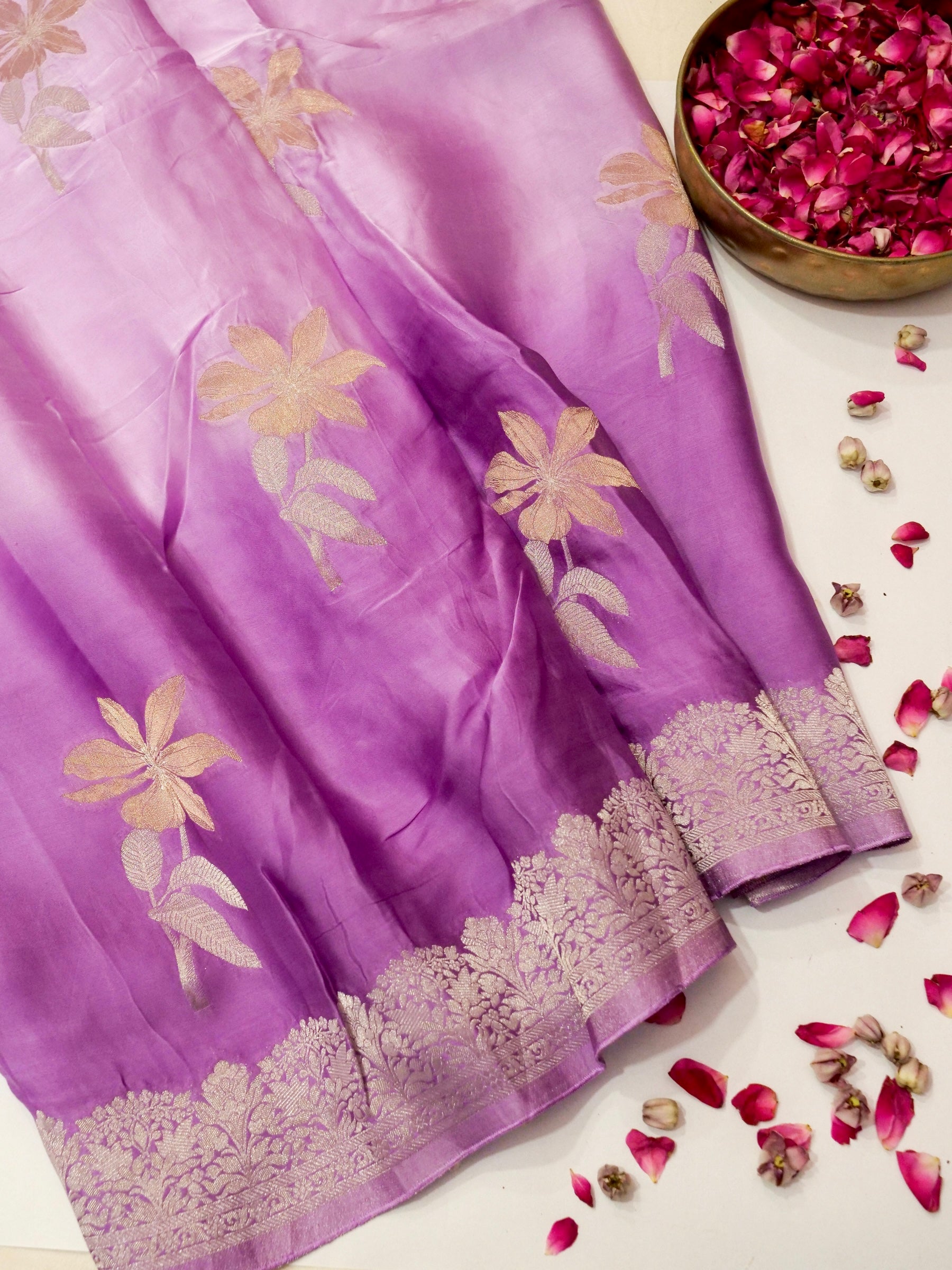 Purple Ombré Shade Mashru Silk Saree with Champagne Border