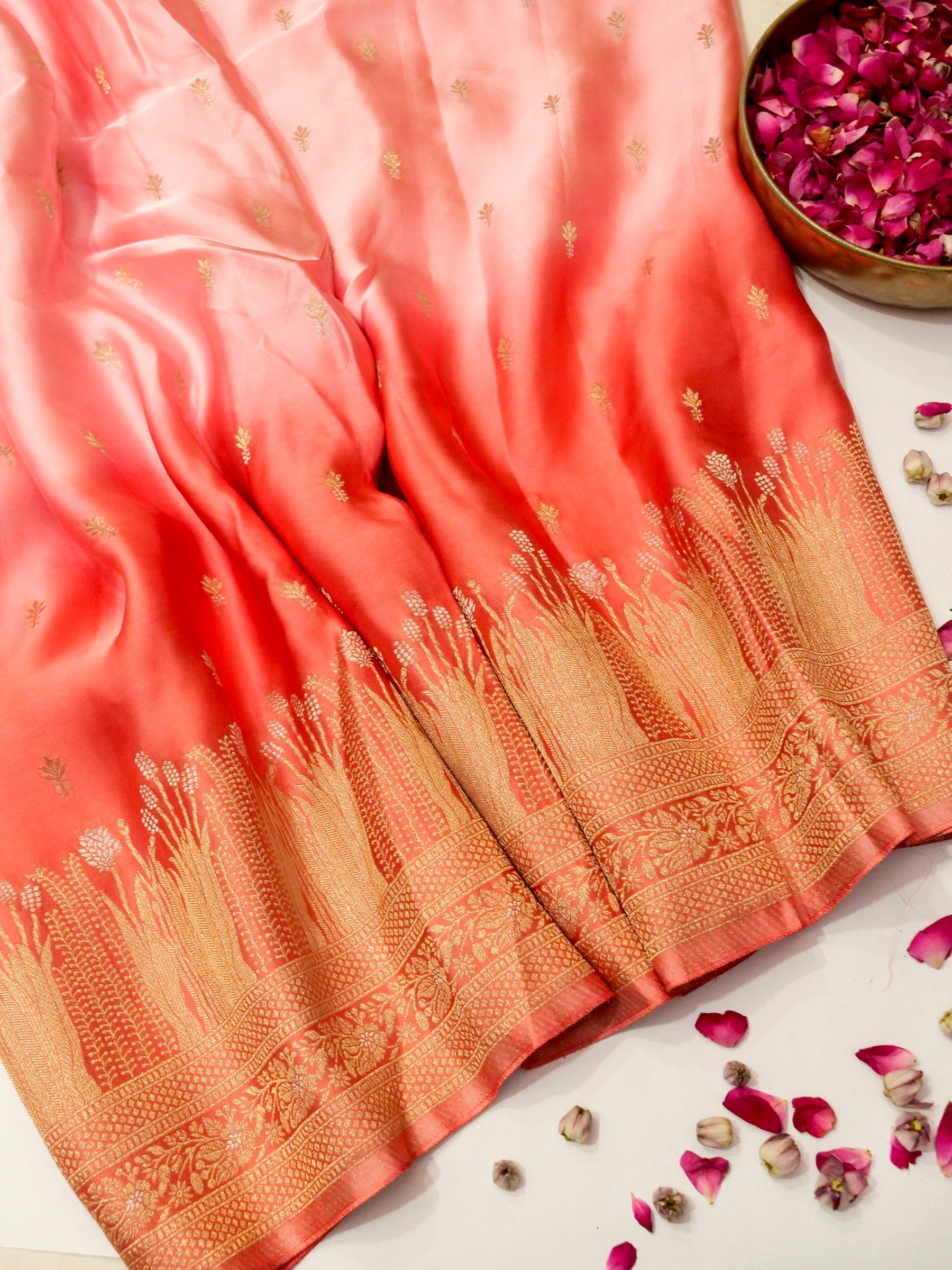 Ombré Peach-Pink Mashru Silk Saree with Champagne Zari Detailing