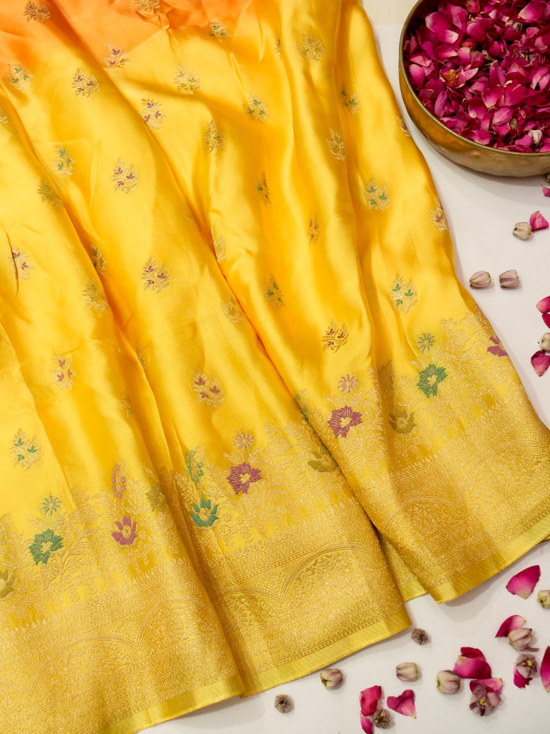 Ombré Yellow-Orange Mashru Silk Saree with Champagne Zari Detailing