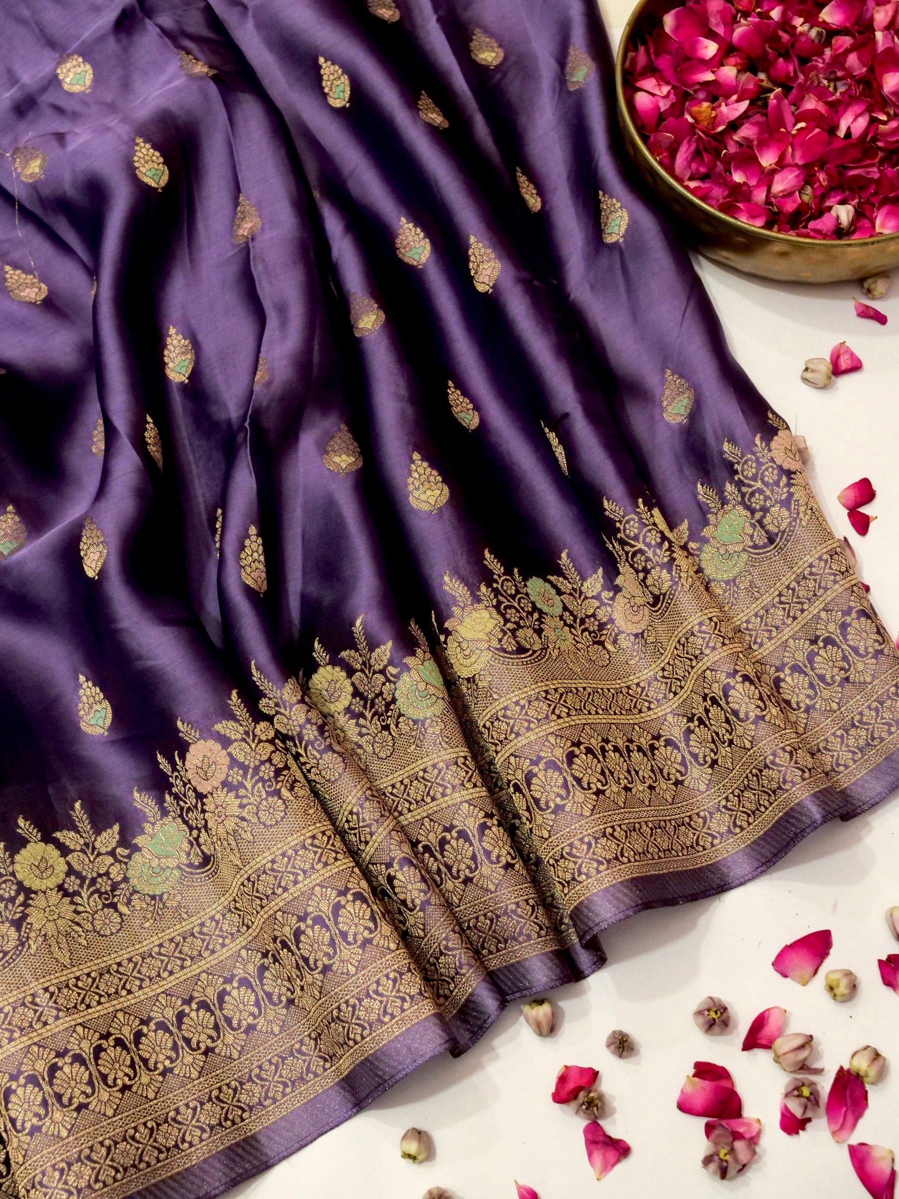 Royal Purple Mashru Silk Saree with Champagne Border