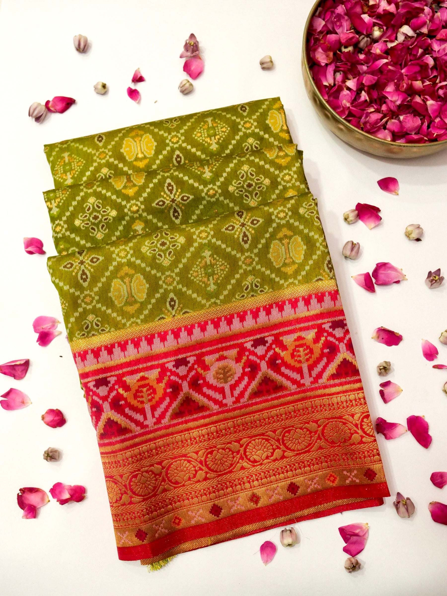 Olive Green Patola Silk Saree with Contrast Rani Pink Border