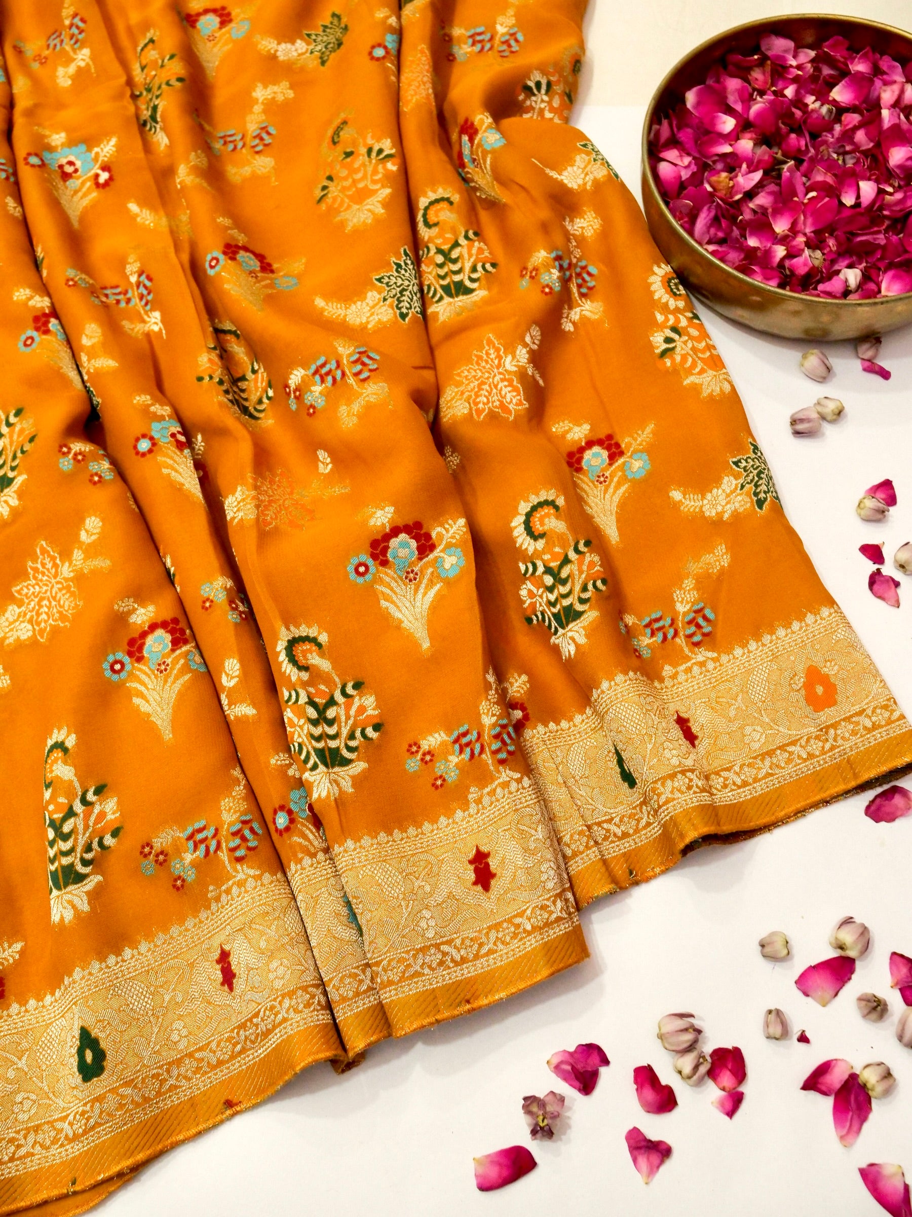 Mustard Orange Crepe Georgette Silk Saree with Champagne Gold Border