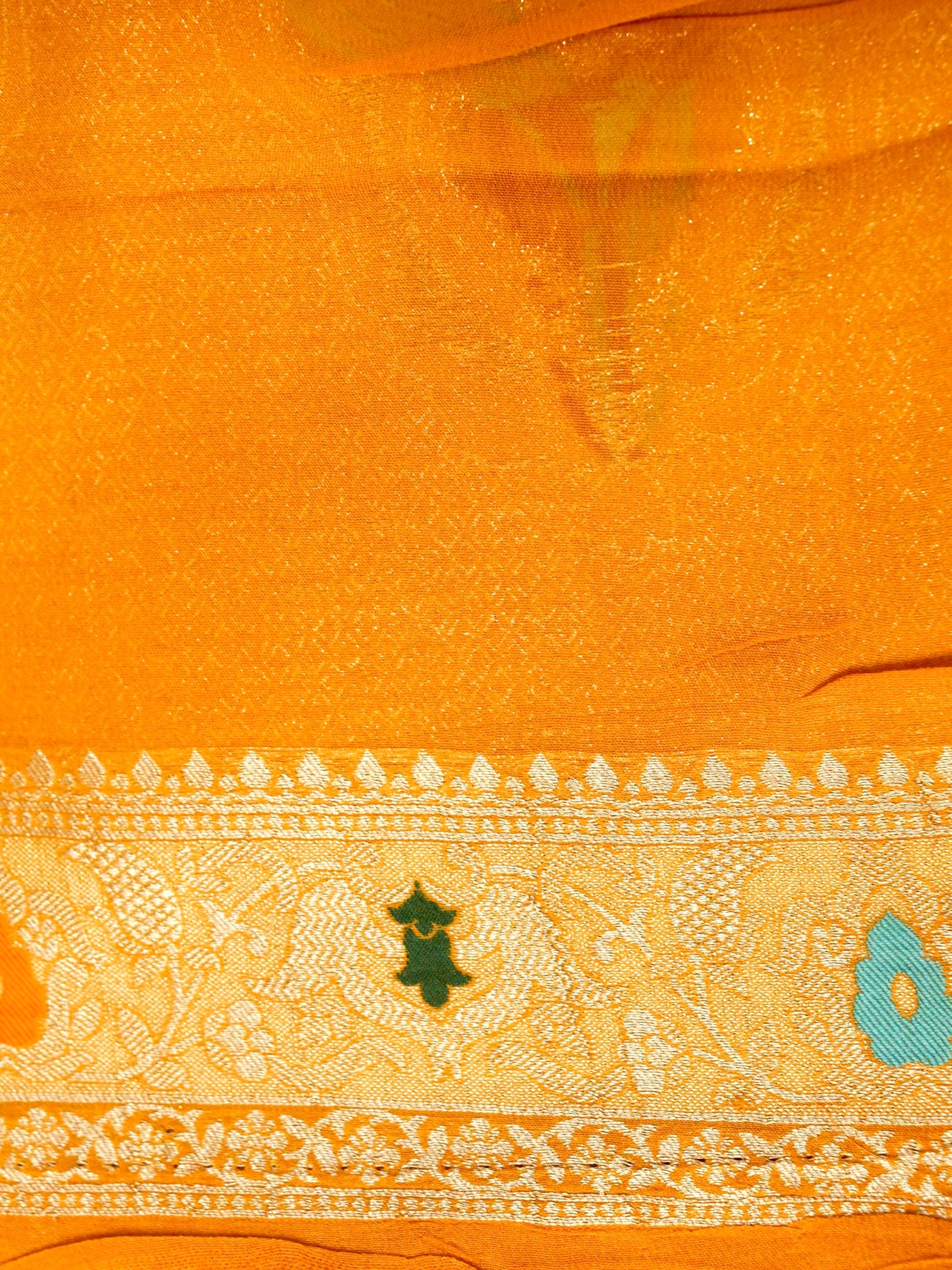 Mustard Orange Crepe Georgette Silk Saree with Champagne Gold Border