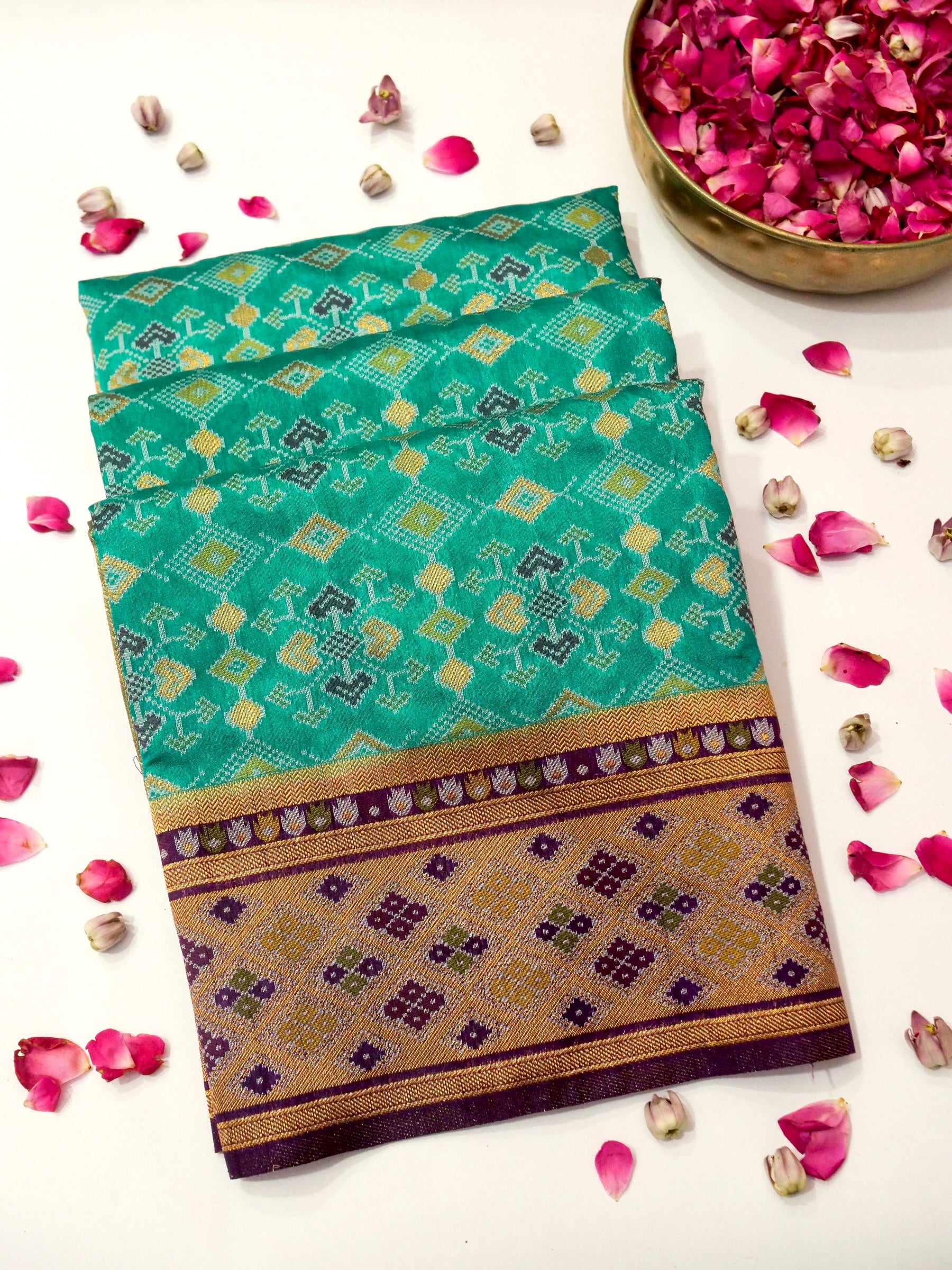 Turquoise Patola Silk Saree with Contrast Violet Border