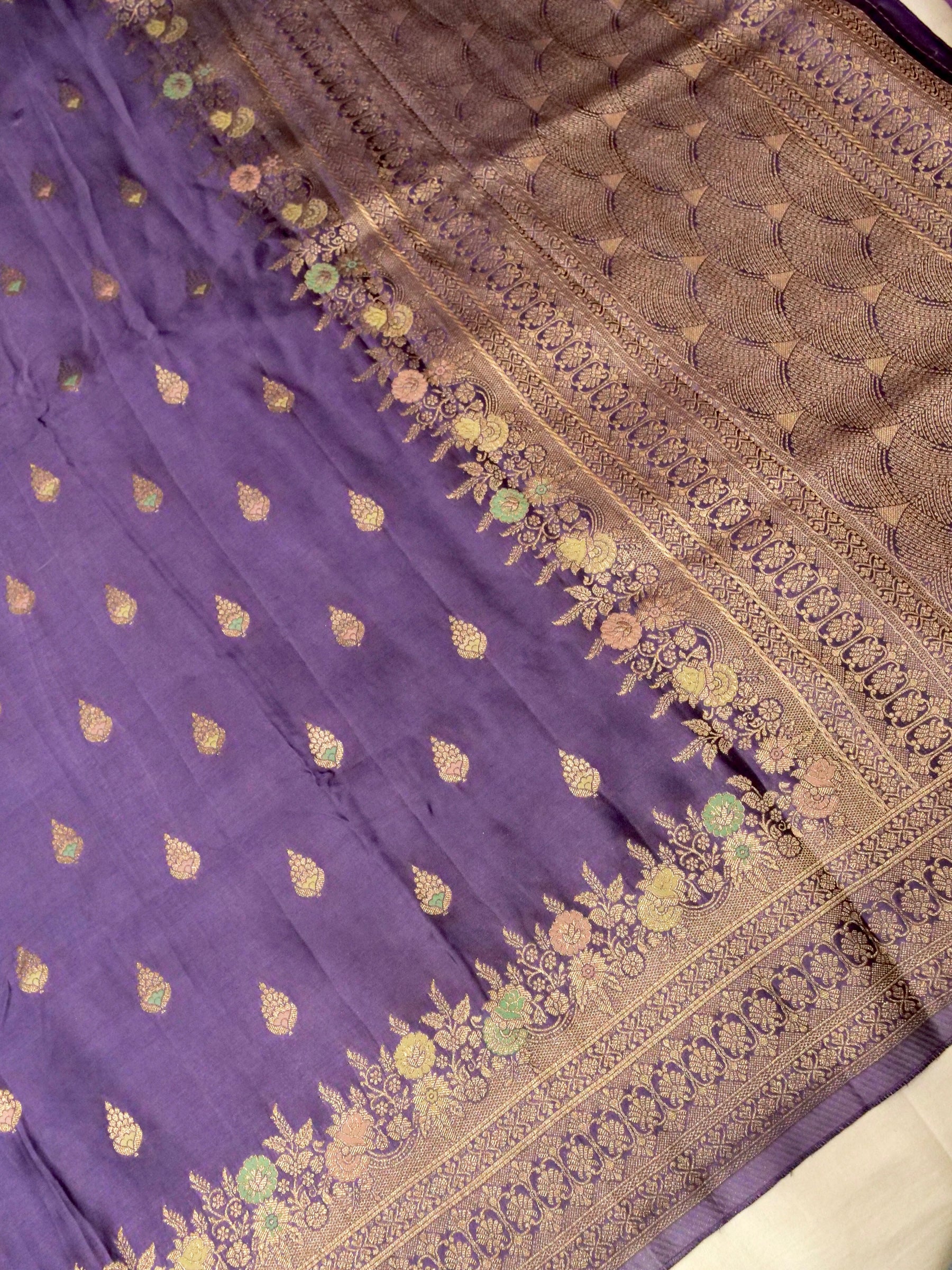 Royal Purple Mashru Silk Saree with Champagne Border