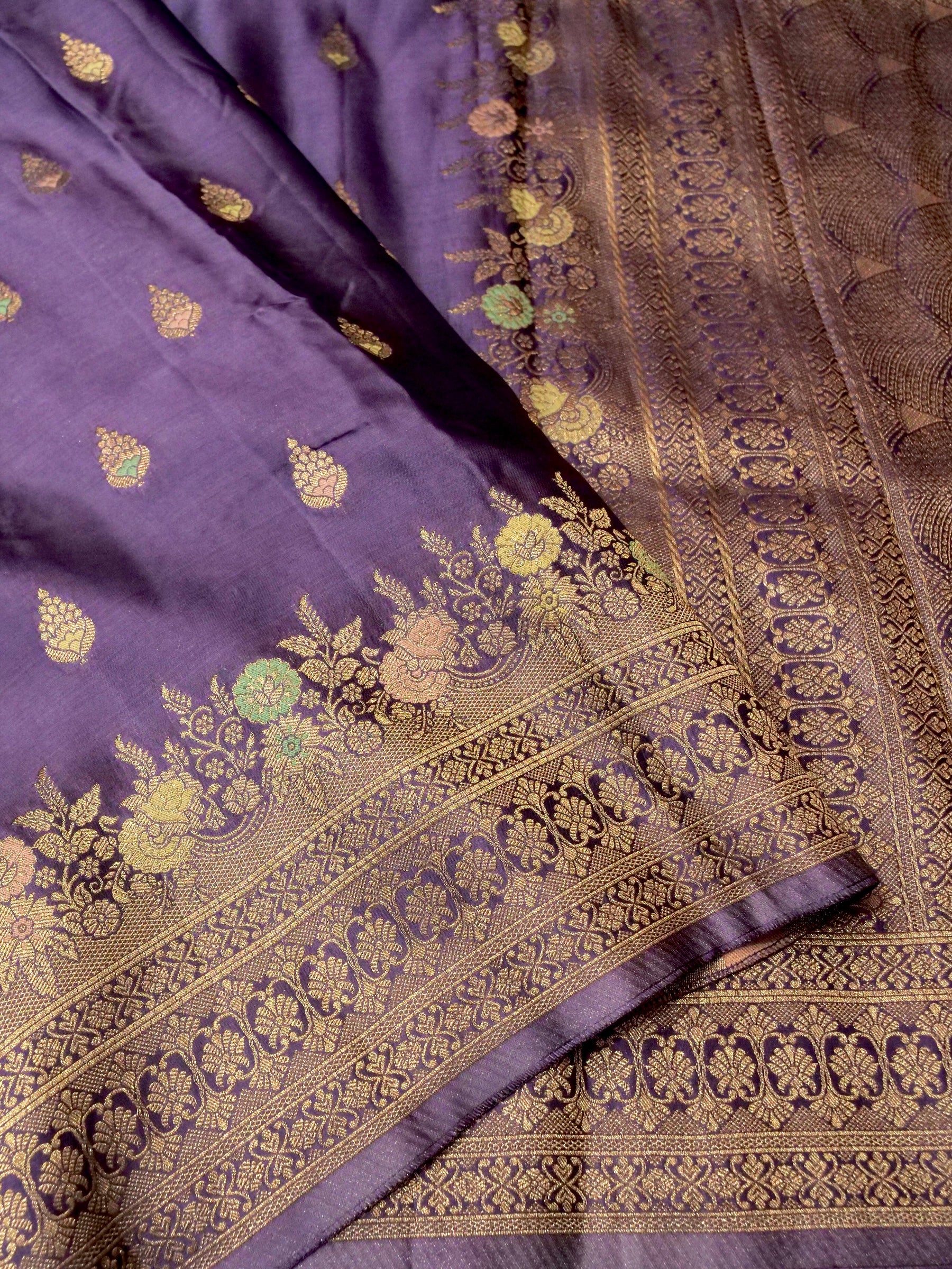 Royal Purple Mashru Silk Saree with Champagne Border