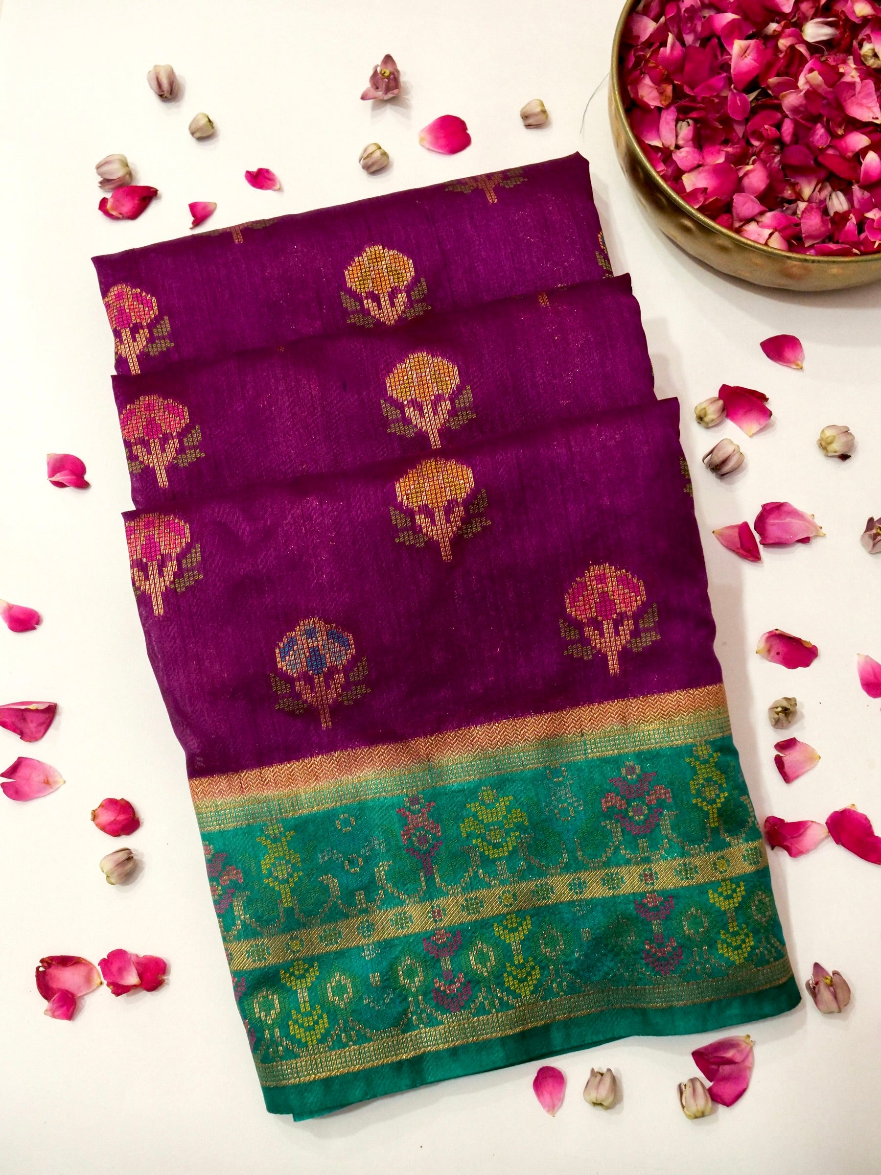 Magenta Patola Silk Saree with Contrast Peacock Green Floral Zari Border
