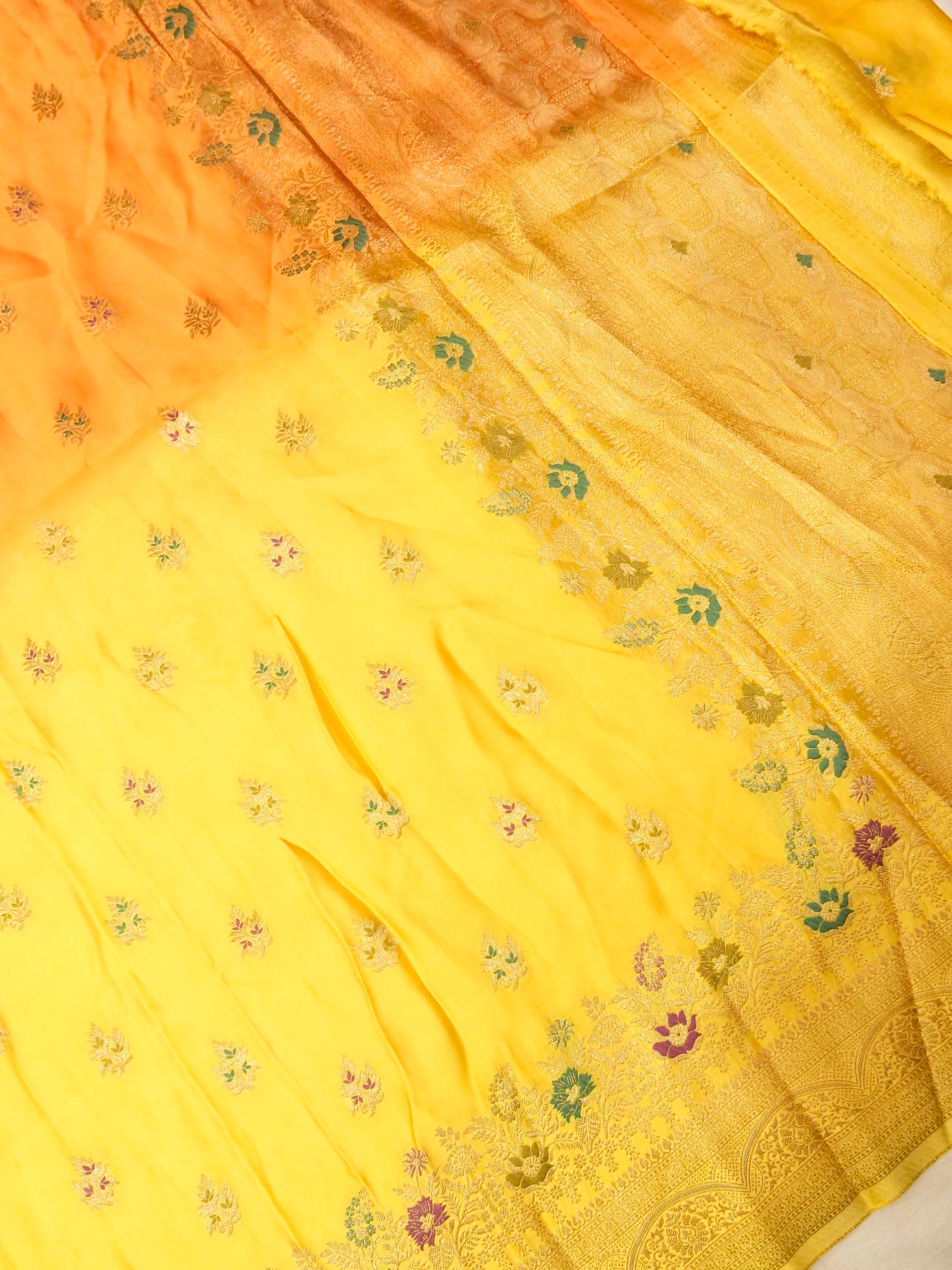Ombré Yellow-Orange Mashru Silk Saree with Champagne Zari Detailing