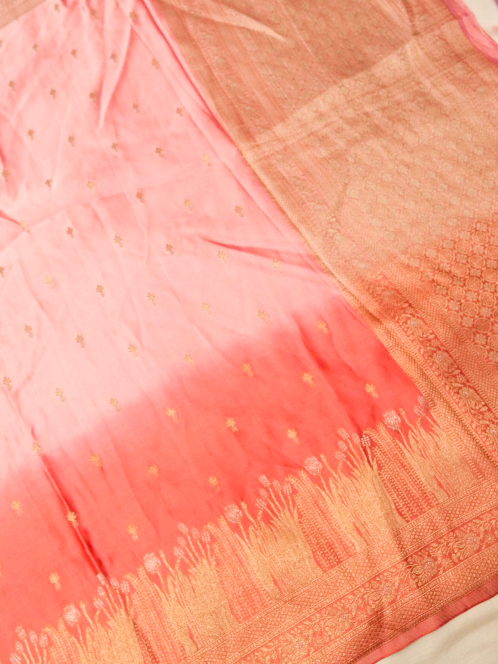 Ombré Peach-Pink Mashru Silk Saree with Champagne Zari Detailing