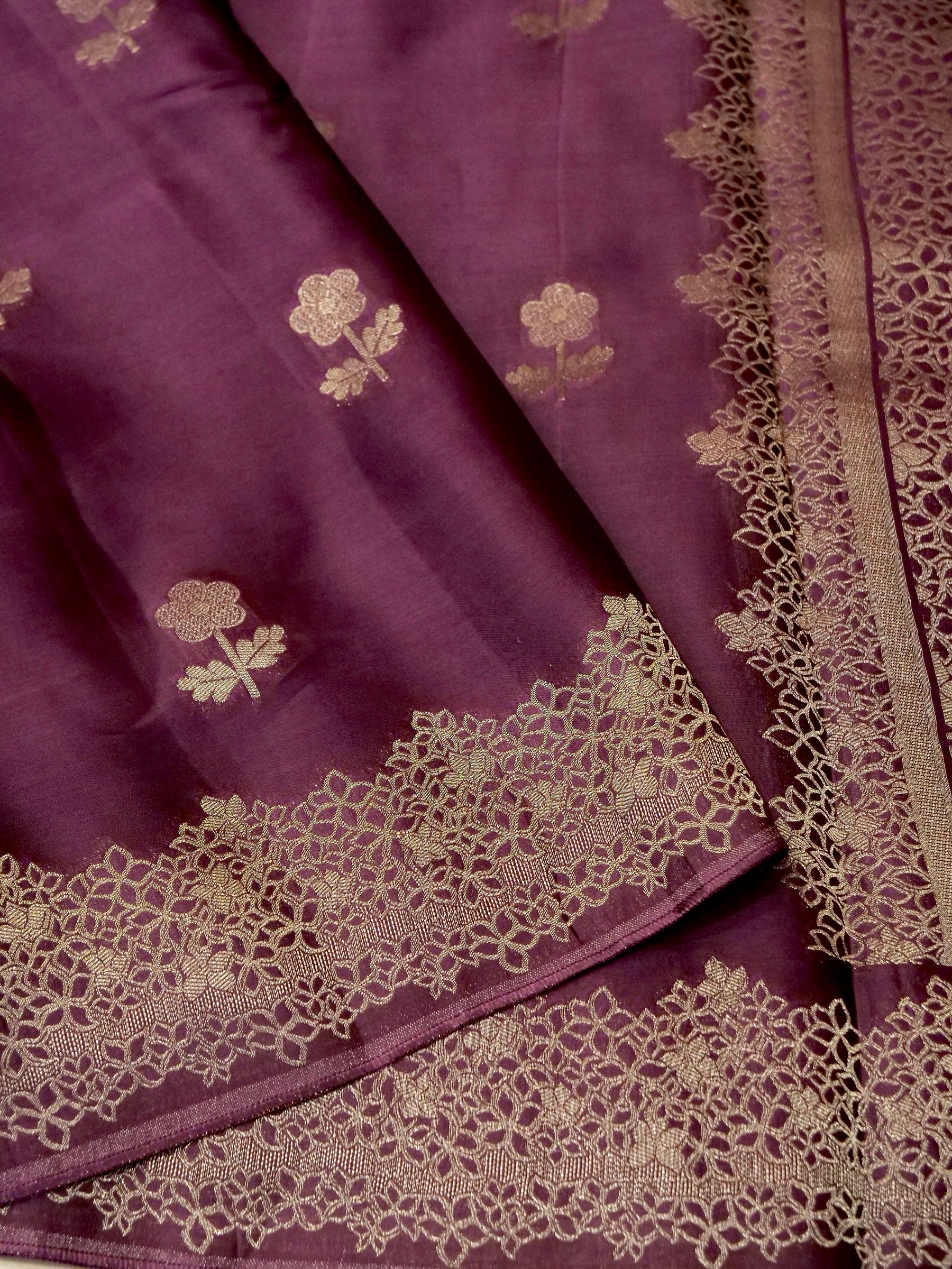 Aubergine Mashru Silk Saree with Champagne Lace-Style Border