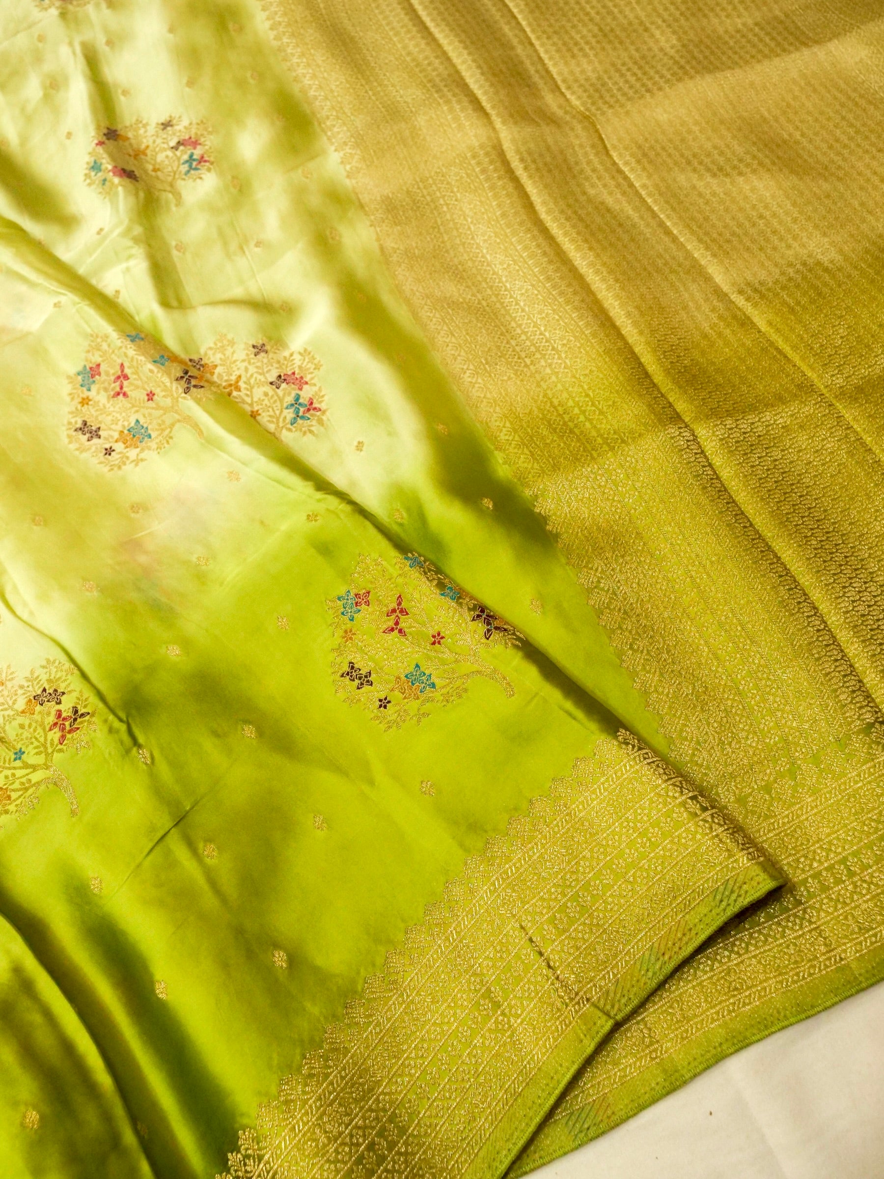 Lime Green Ombré Shade Mashru Silk Saree with Champagne Border
