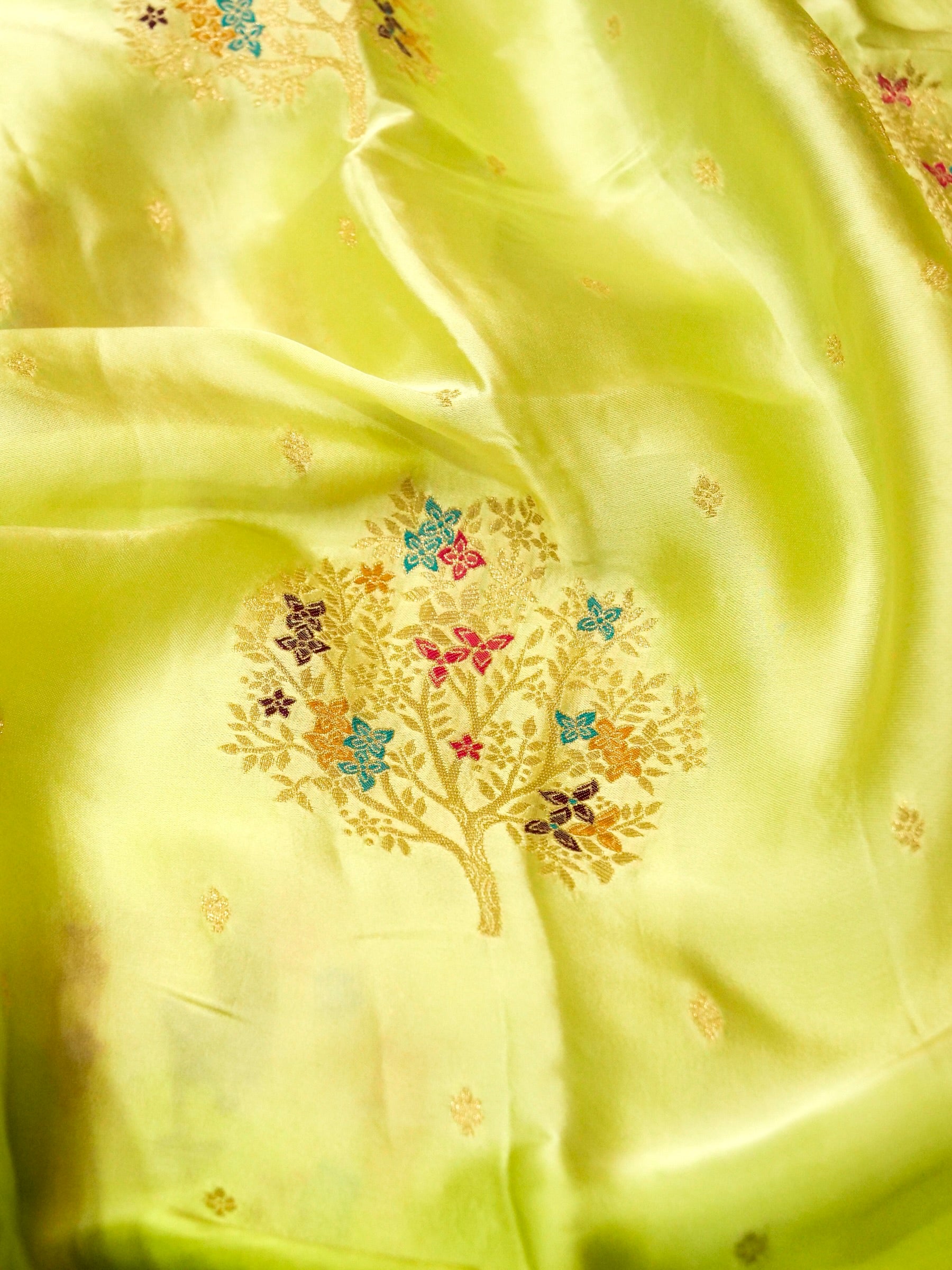 Lime Green Ombré Shade Mashru Silk Saree with Champagne Border