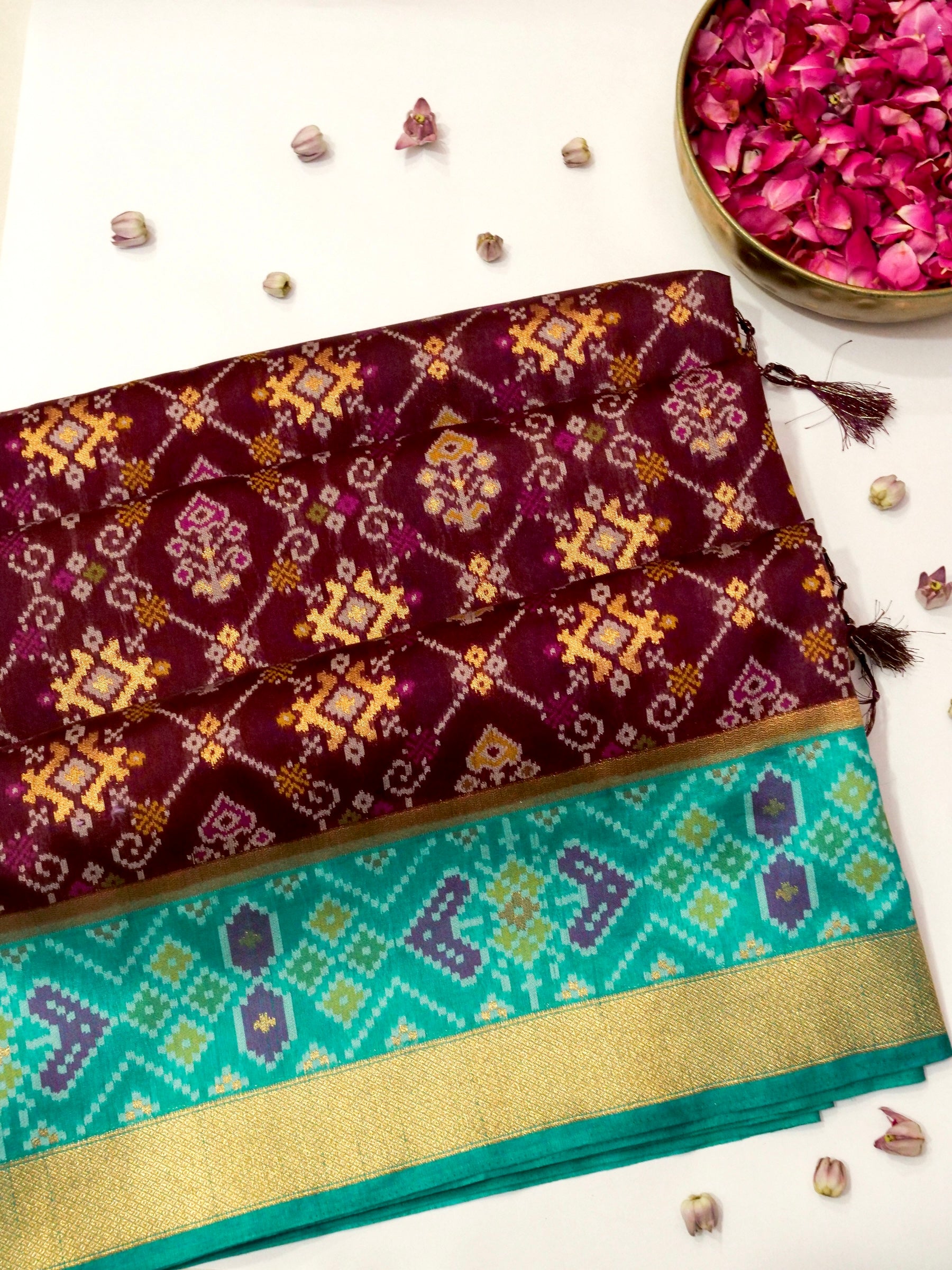 Rich Wine Patola Silk Saree with Contrast Sea Green Border