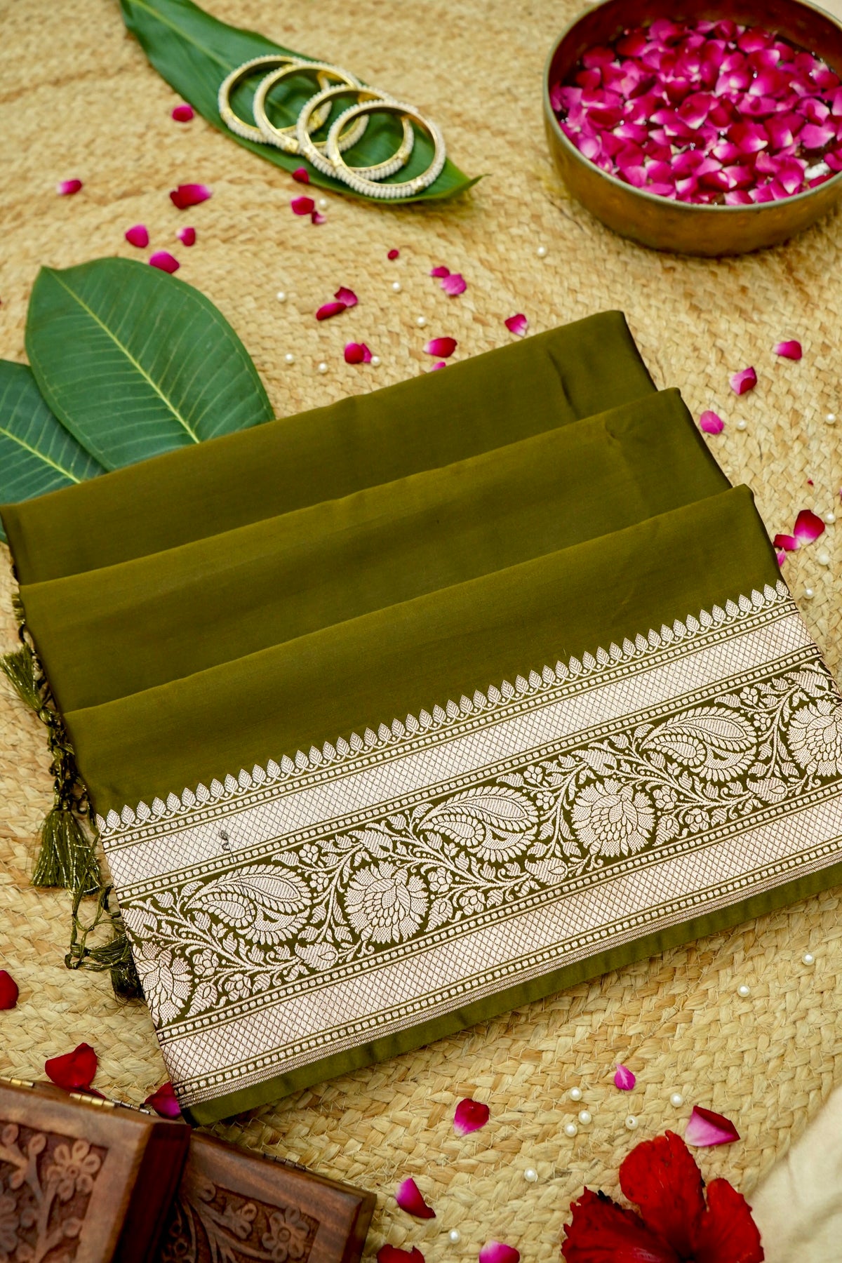 Rich Moss Green Pure Banarasi Katan Silk Saree with light Gold Zari Weaving