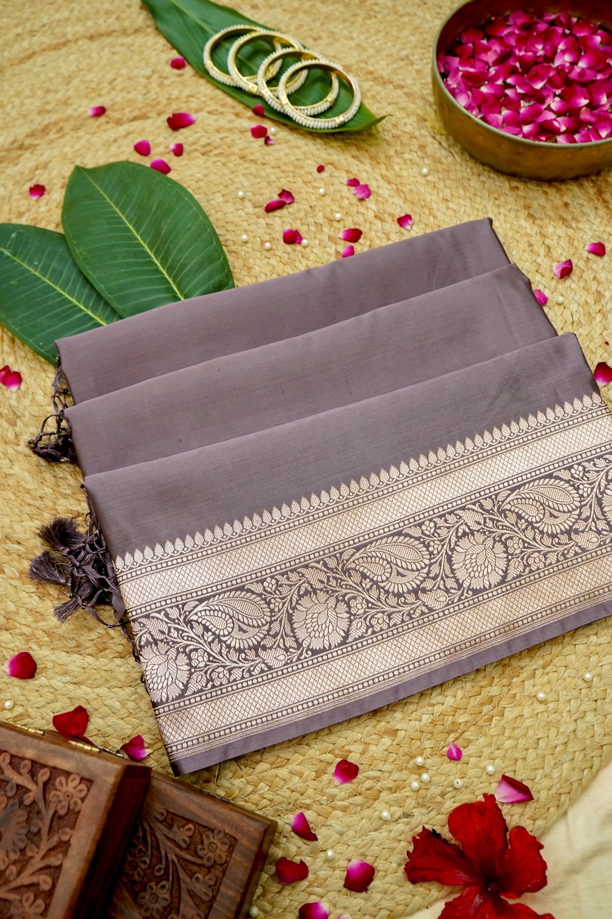 Rich Mauve Grey Pure Banarasi Katan Silk Saree with light Gold Zari Weaving