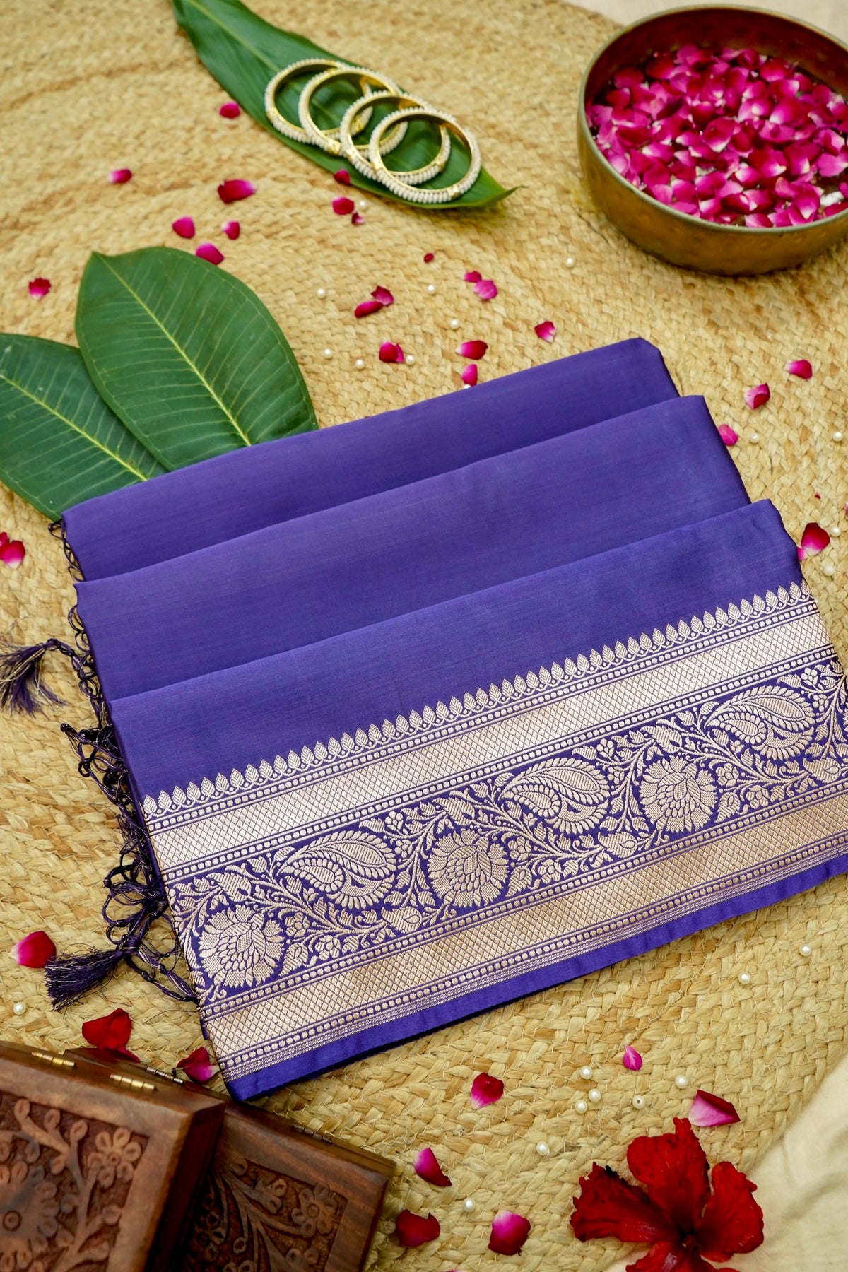 Rich Sapphire Blue Pure Banarasi Katan Silk Saree with light Gold Zari Weaving