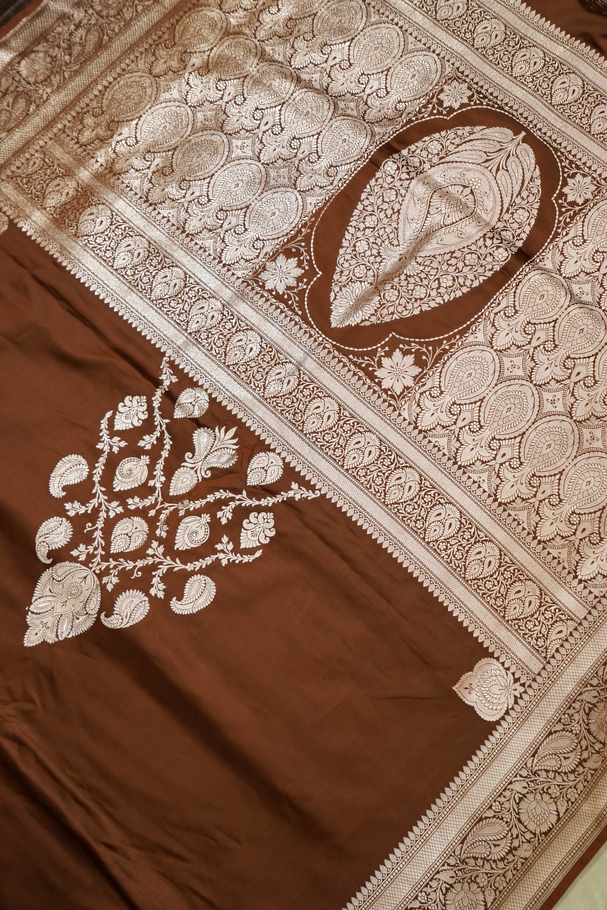 Rich Burnt Sienna Pure Banarasi Katan Silk Saree with light Gold Zari Weaving