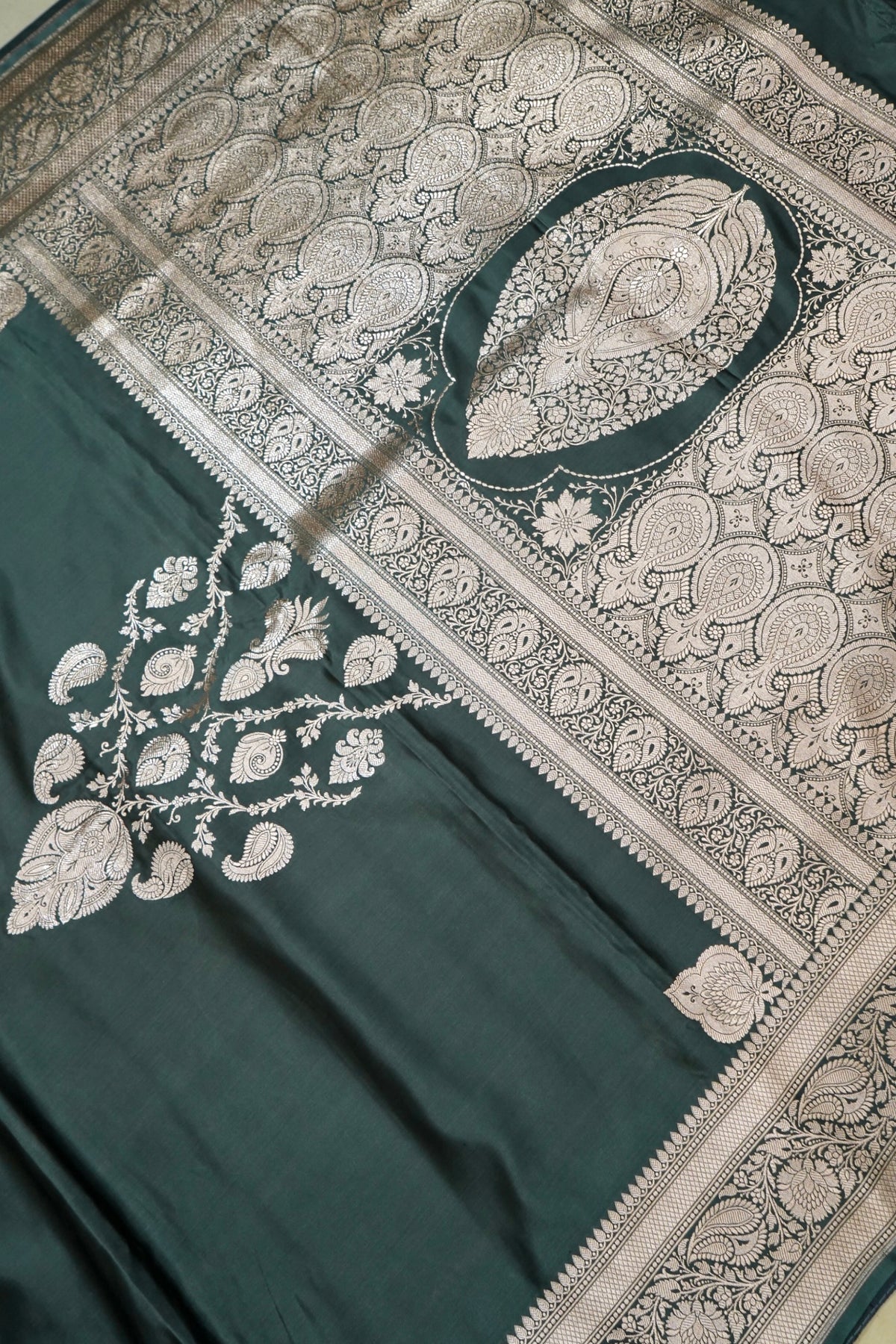 Rich Dusty Teal Pure Banarasi Katan Silk Saree with light Gold Zari Weaving
