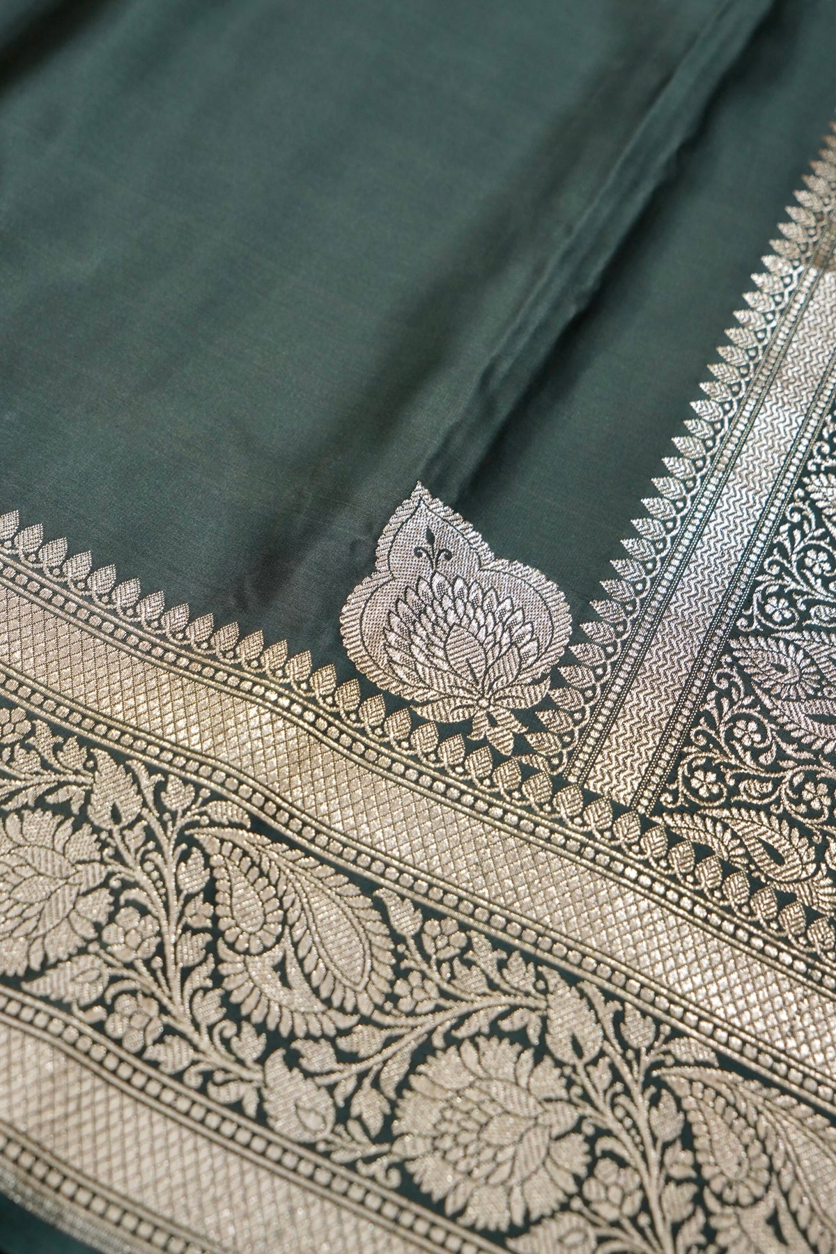 Rich Dusty Teal Pure Banarasi Katan Silk Saree with light Gold Zari Weaving