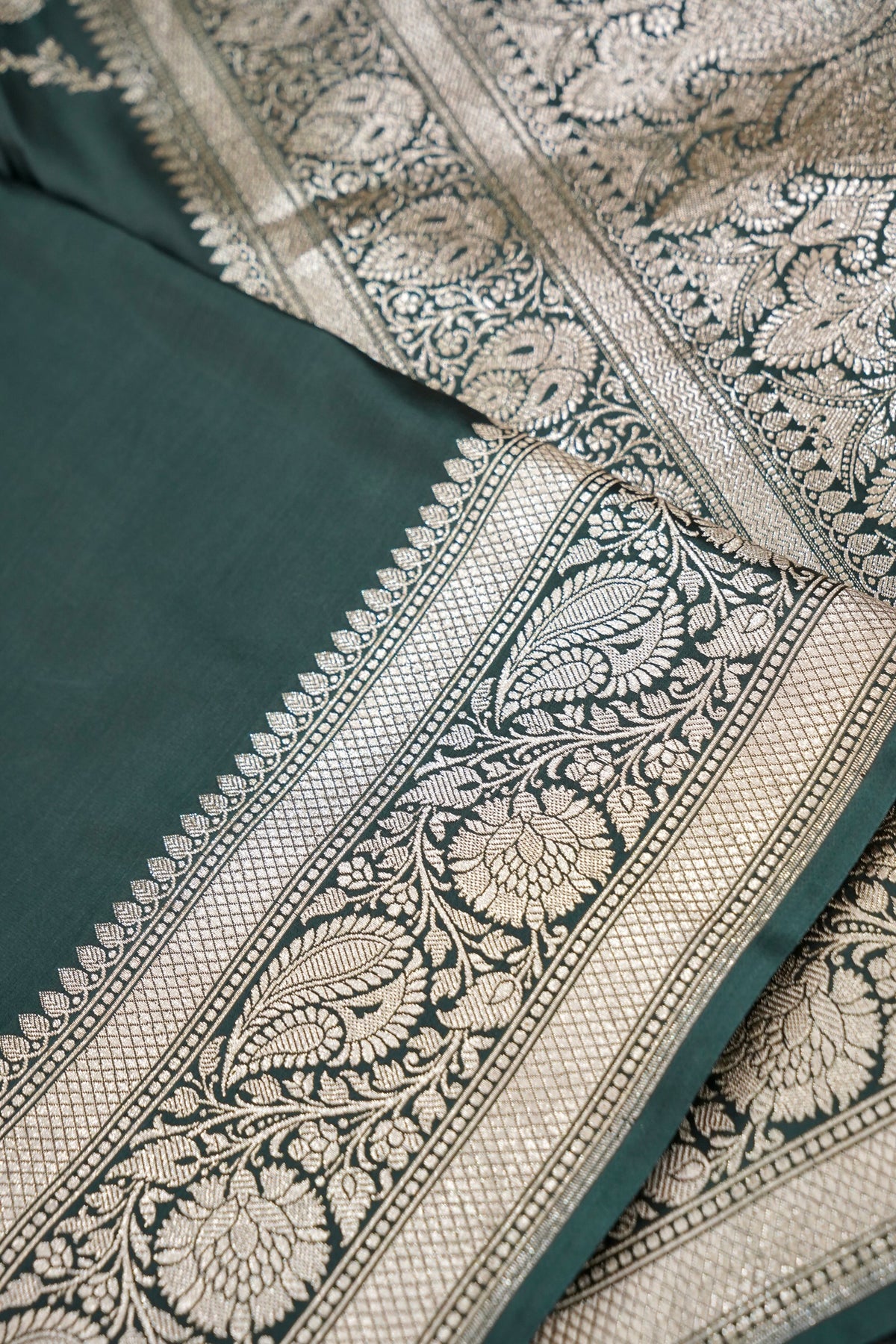 Rich Dusty Teal Pure Banarasi Katan Silk Saree with light Gold Zari Weaving