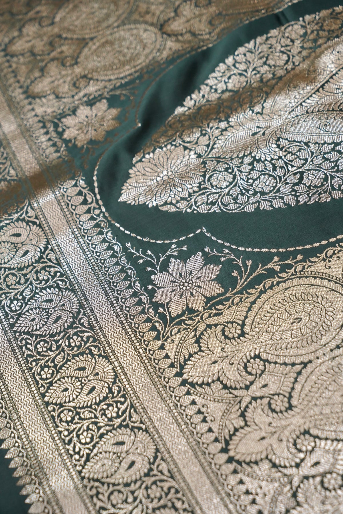 Rich Dusty Teal Pure Banarasi Katan Silk Saree with light Gold Zari Weaving