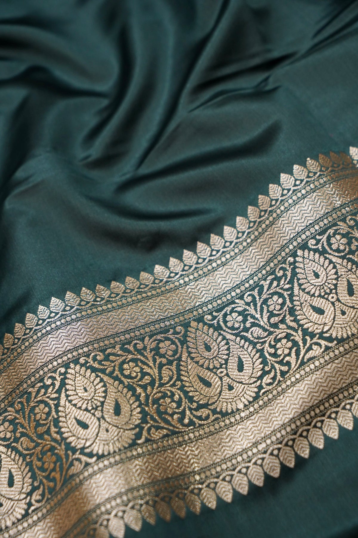 Rich Dusty Teal Pure Banarasi Katan Silk Saree with light Gold Zari Weaving