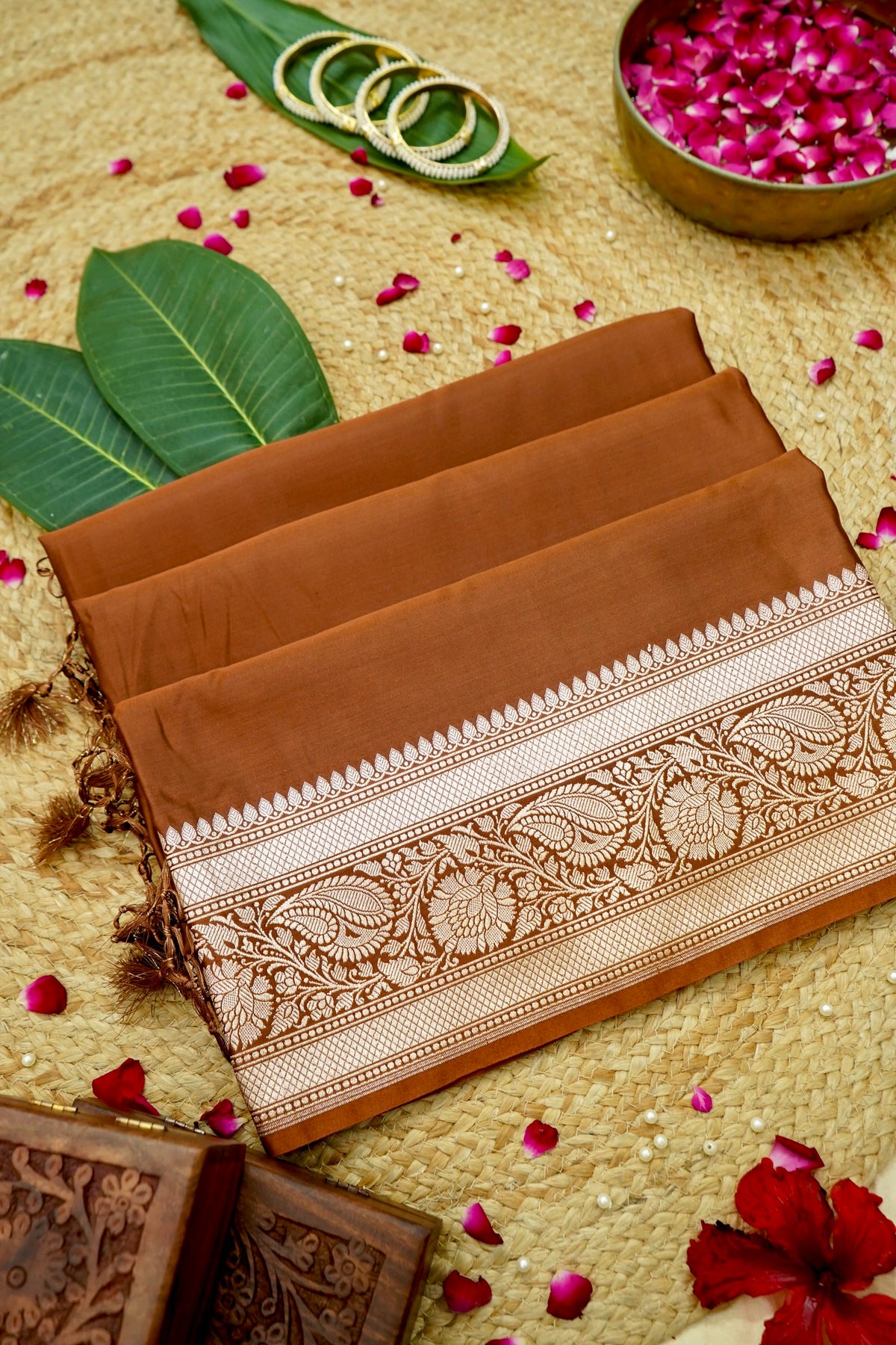 Rich Burnt Sienna Pure Banarasi Katan Silk Saree with light Gold Zari Weaving