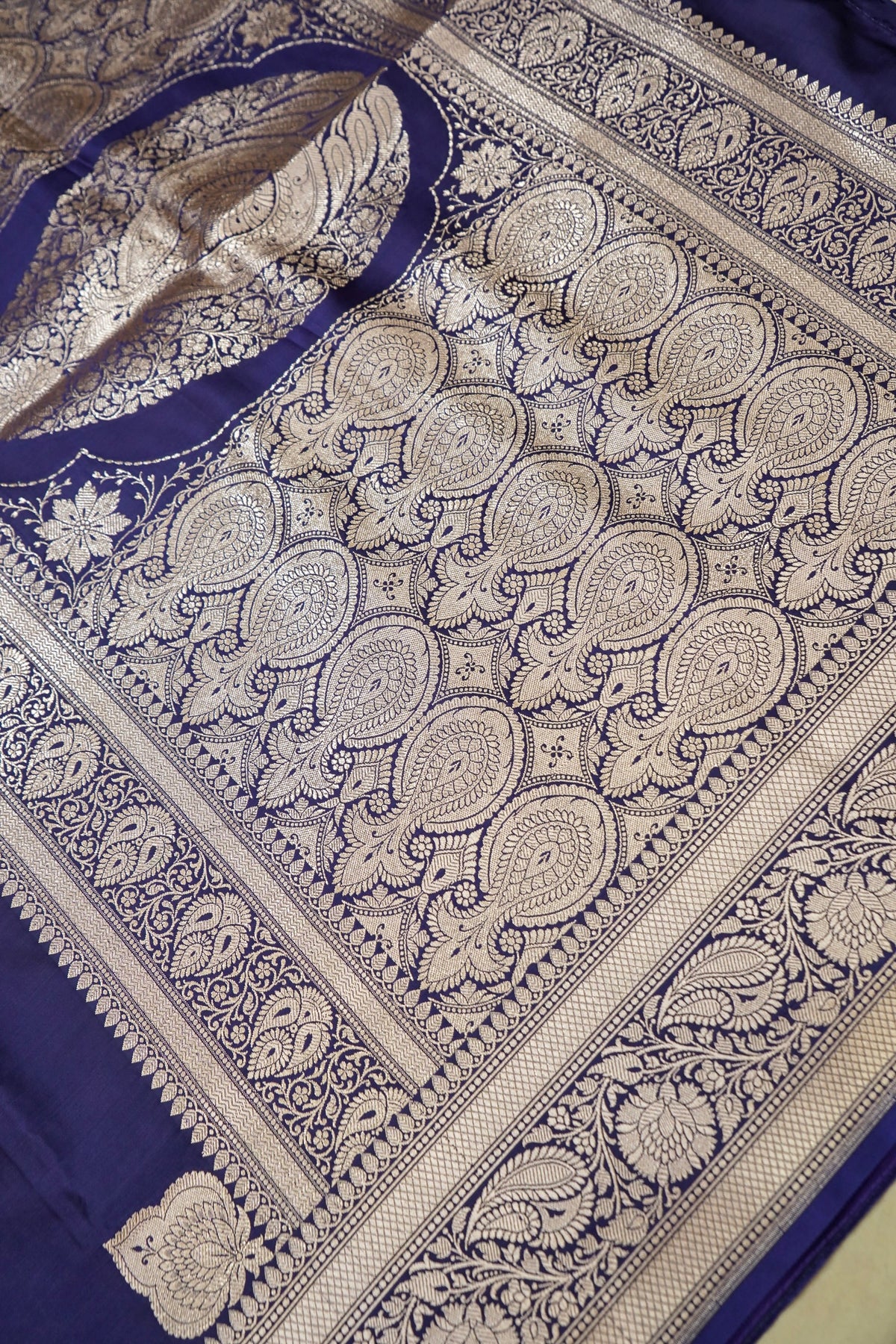 Rich Sapphire Blue Pure Banarasi Katan Silk Saree with light Gold Zari Weaving