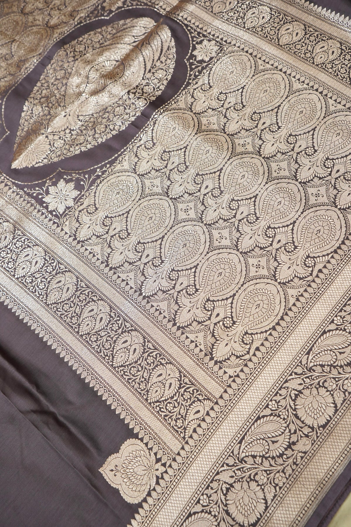 Rich Mauve Grey Pure Banarasi Katan Silk Saree with light Gold Zari Weaving