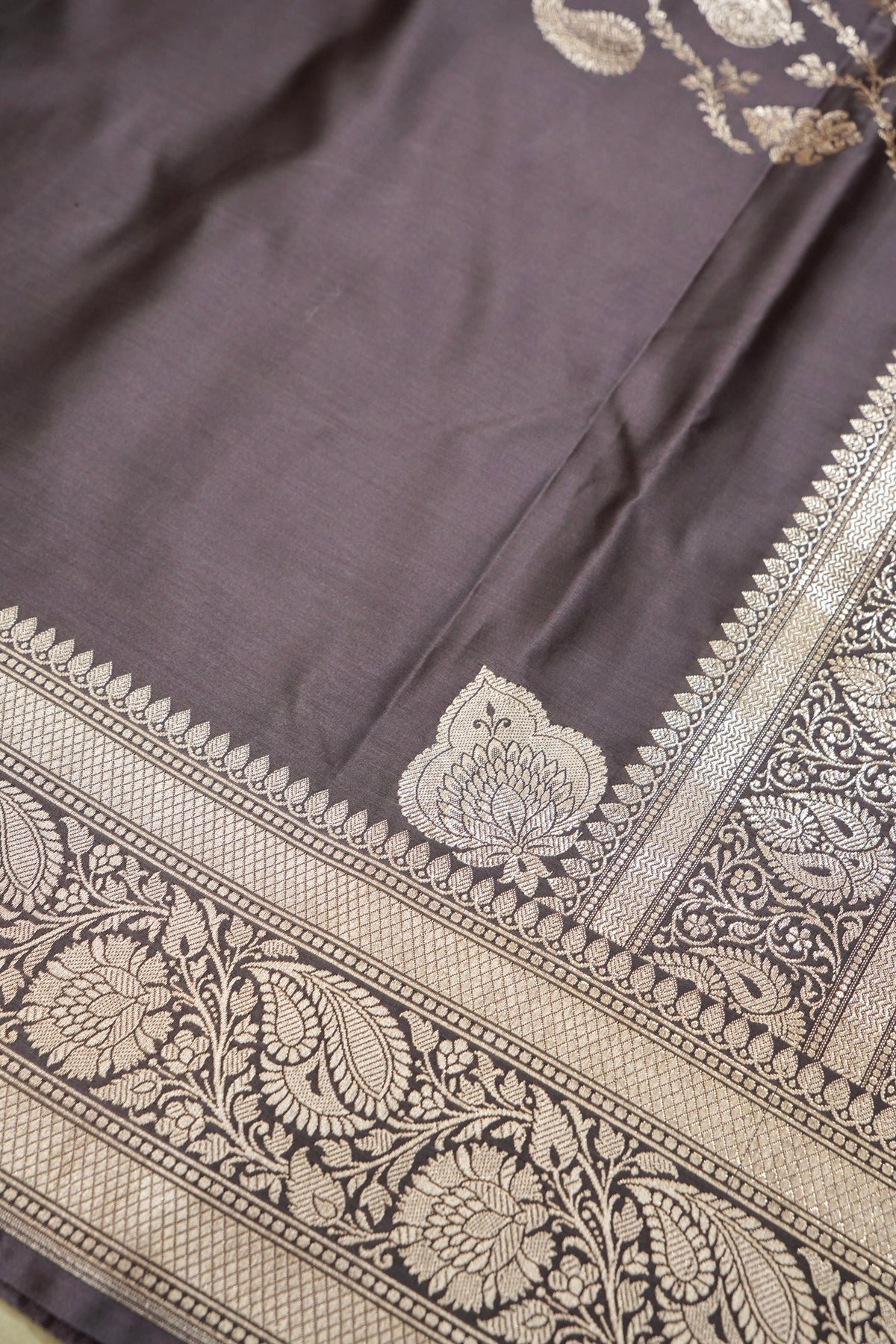 Rich Mauve Grey Pure Banarasi Katan Silk Saree with light Gold Zari Weaving