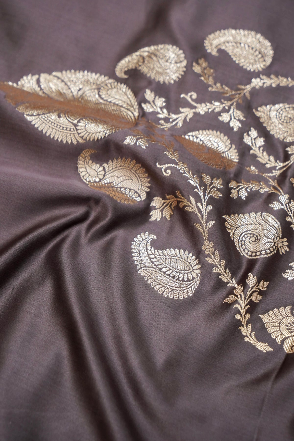 Rich Mauve Grey Pure Banarasi Katan Silk Saree with light Gold Zari Weaving