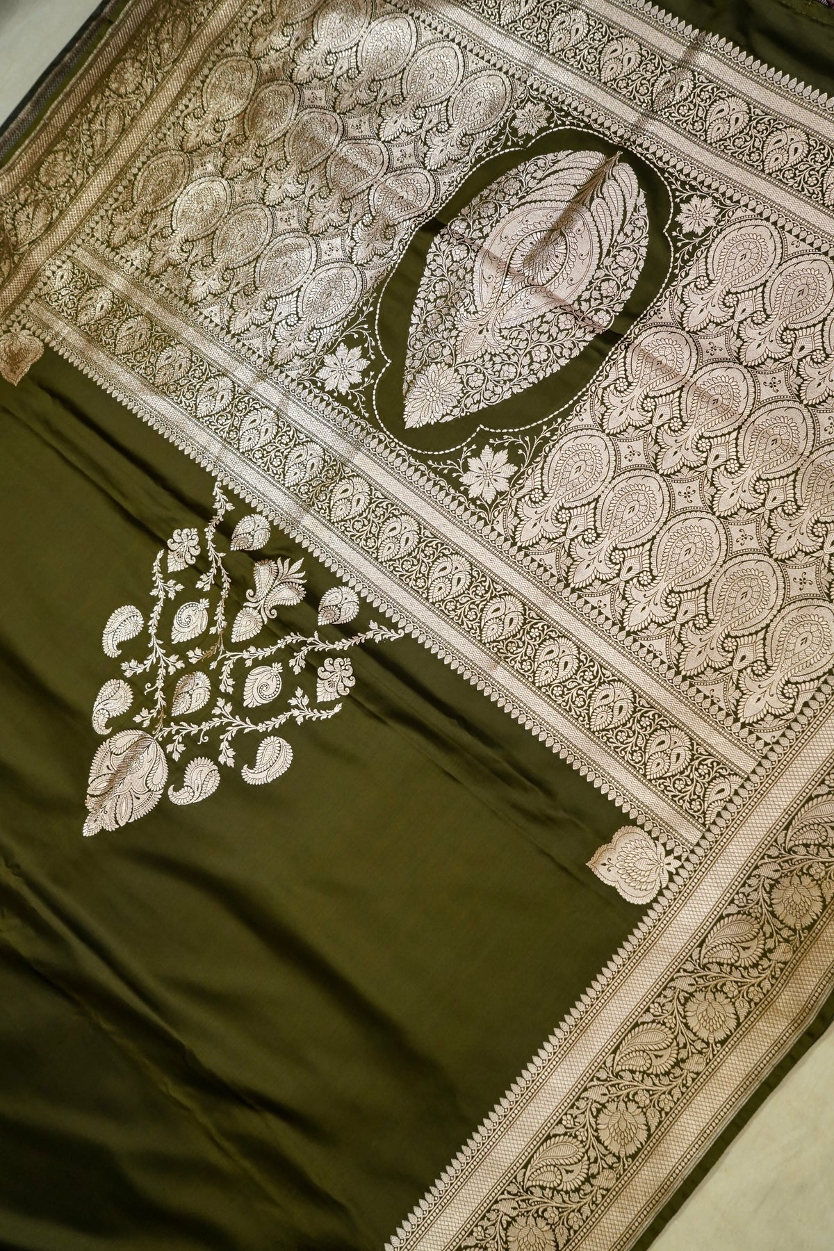 Rich Moss Green Pure Banarasi Katan Silk Saree with light Gold Zari Weaving
