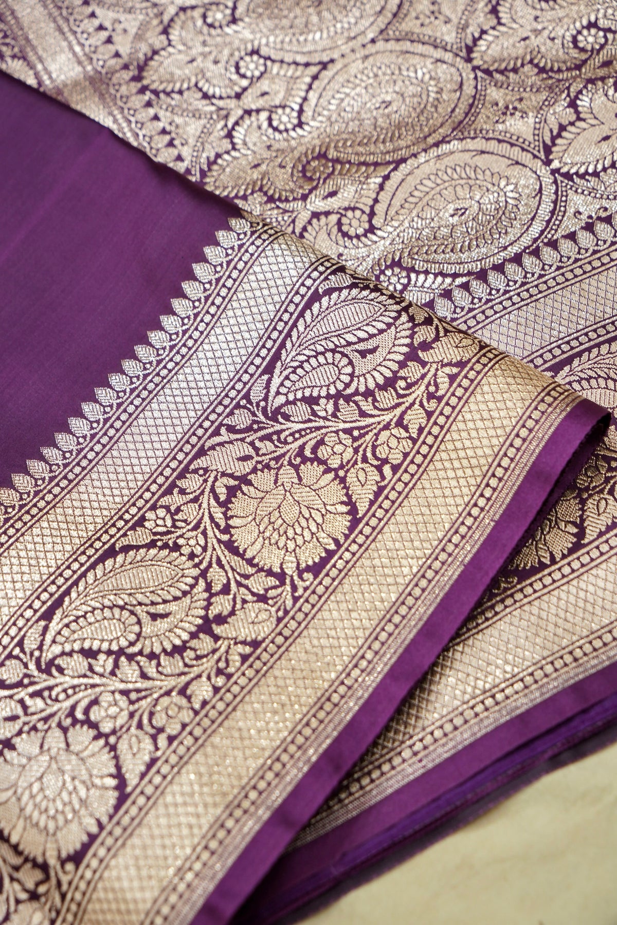 Rich Magenta Purple Pure Banarasi Katan Silk Saree with light Gold Zari Weaving