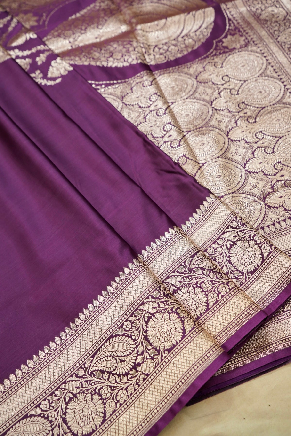 Rich Magenta Purple Pure Banarasi Katan Silk Saree with light Gold Zari Weaving