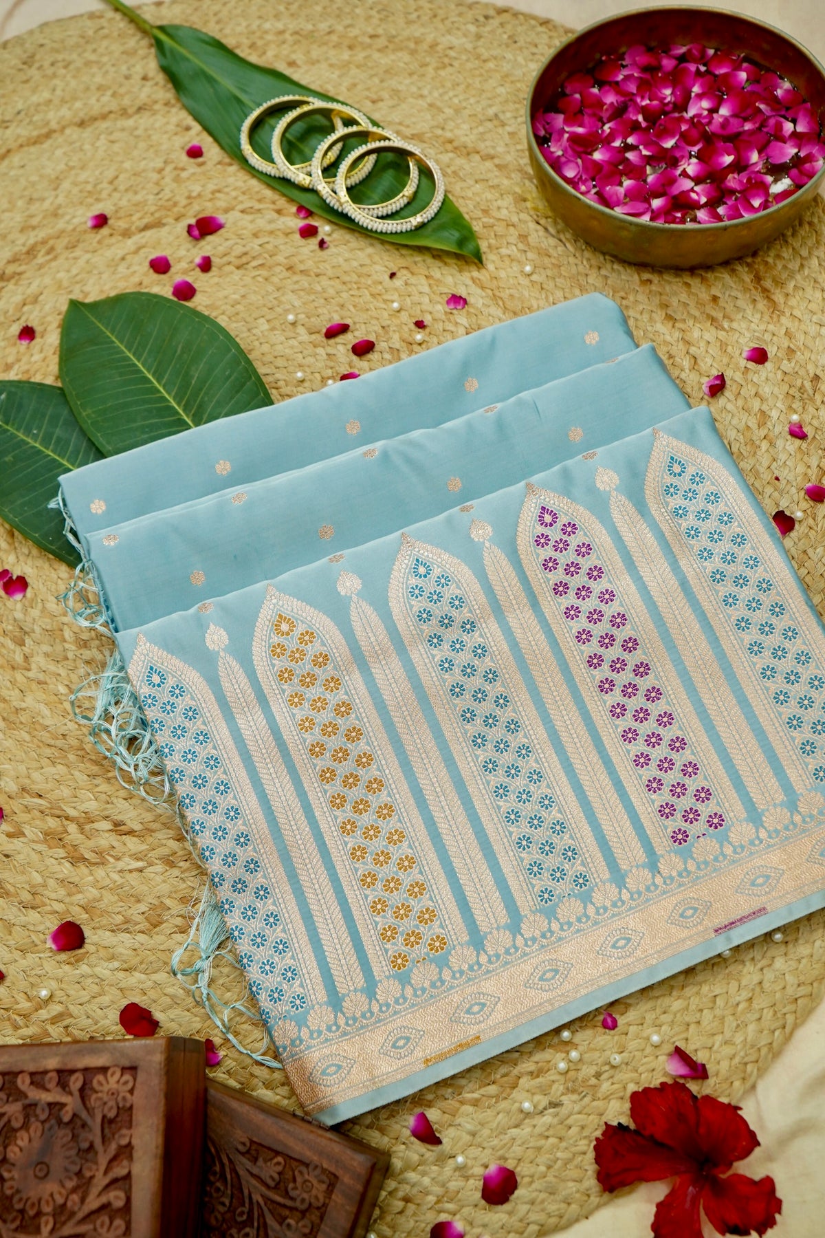 Saadgi - Powder Blue Pure Katan Silk Saree with Multicolor Meenakari Border
