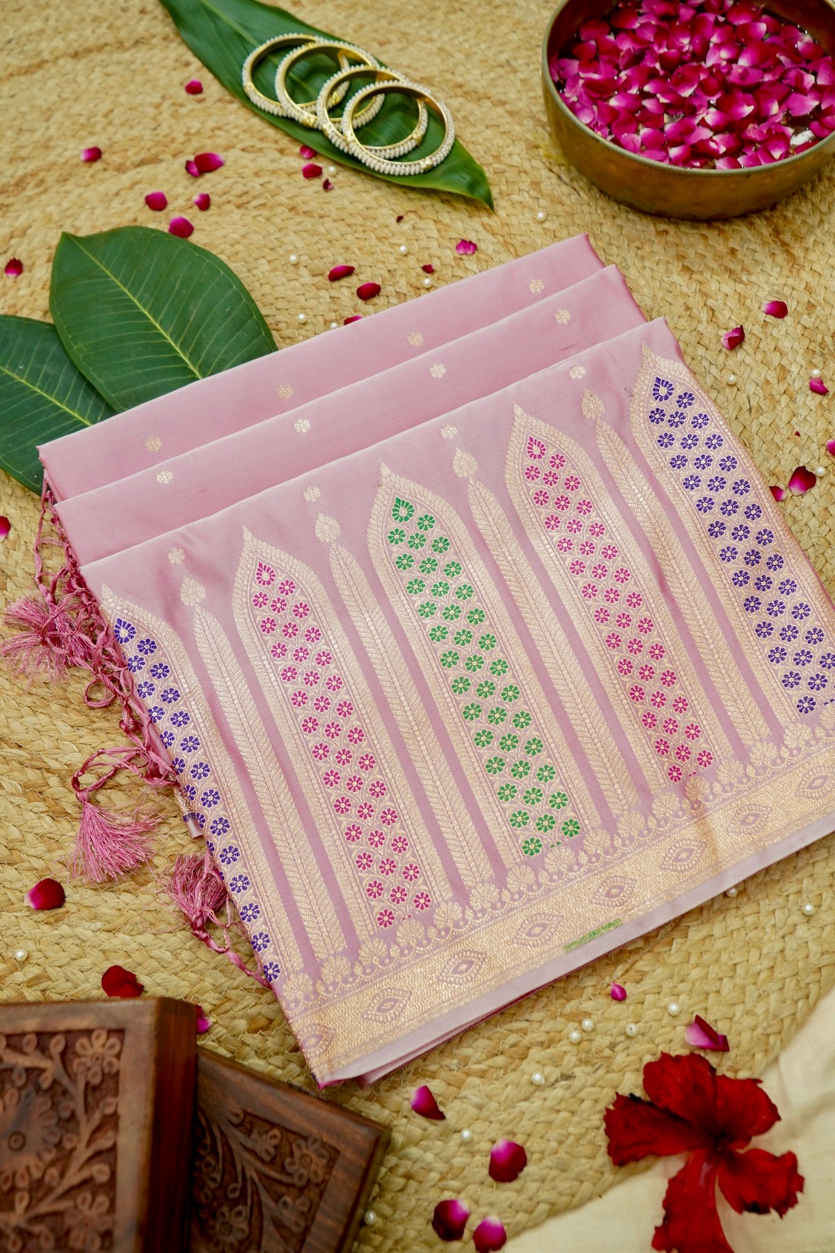 Saadgi - Blush Pink Pure Katan Silk Saree with Multicolor Meenakari Border