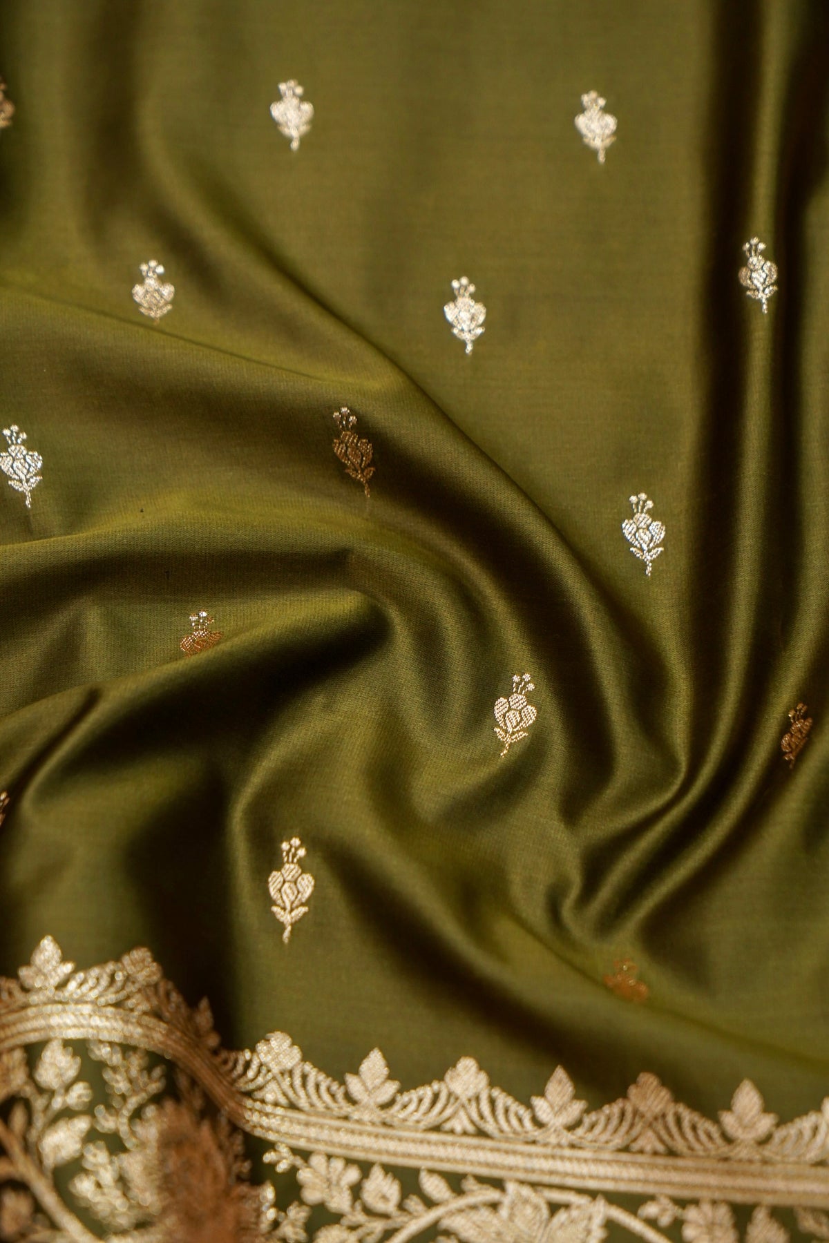 Kruti - Pure Katan Silk Saree in Olive Green