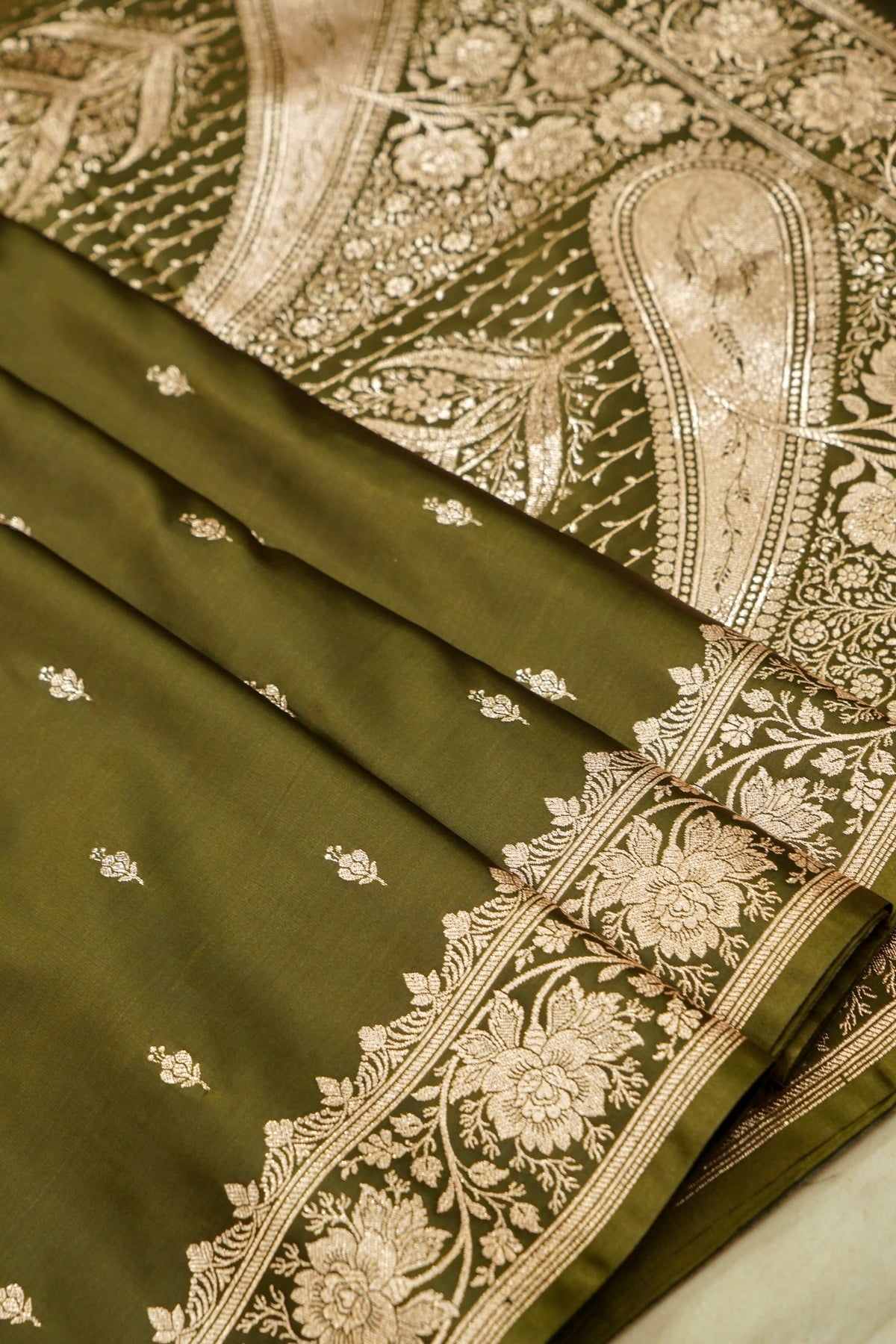 Kruti - Pure Katan Silk Saree in Olive Green