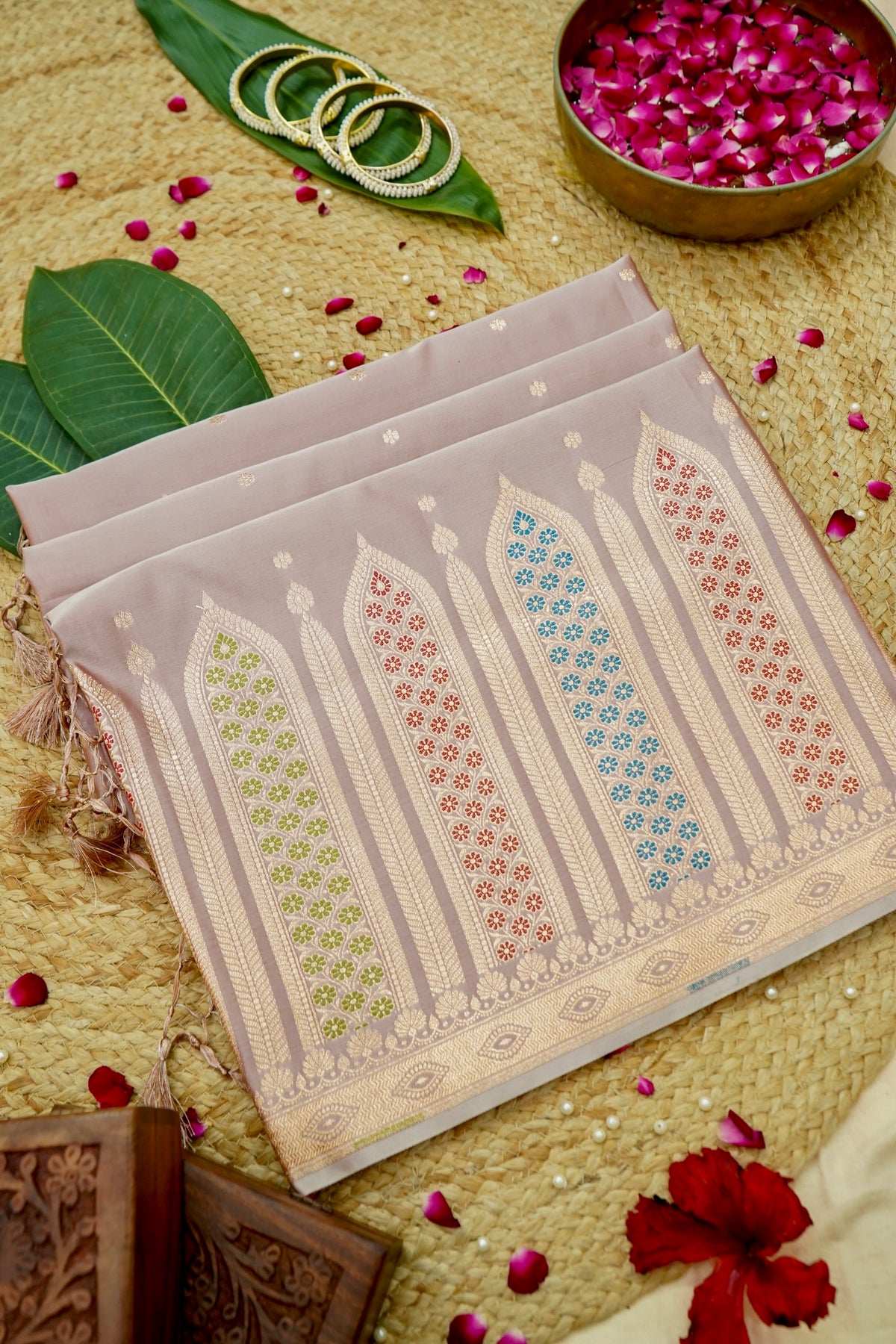 Saadgi - Rose Taupe Pure Katan Silk Saree with Multicolor Meenakari Border