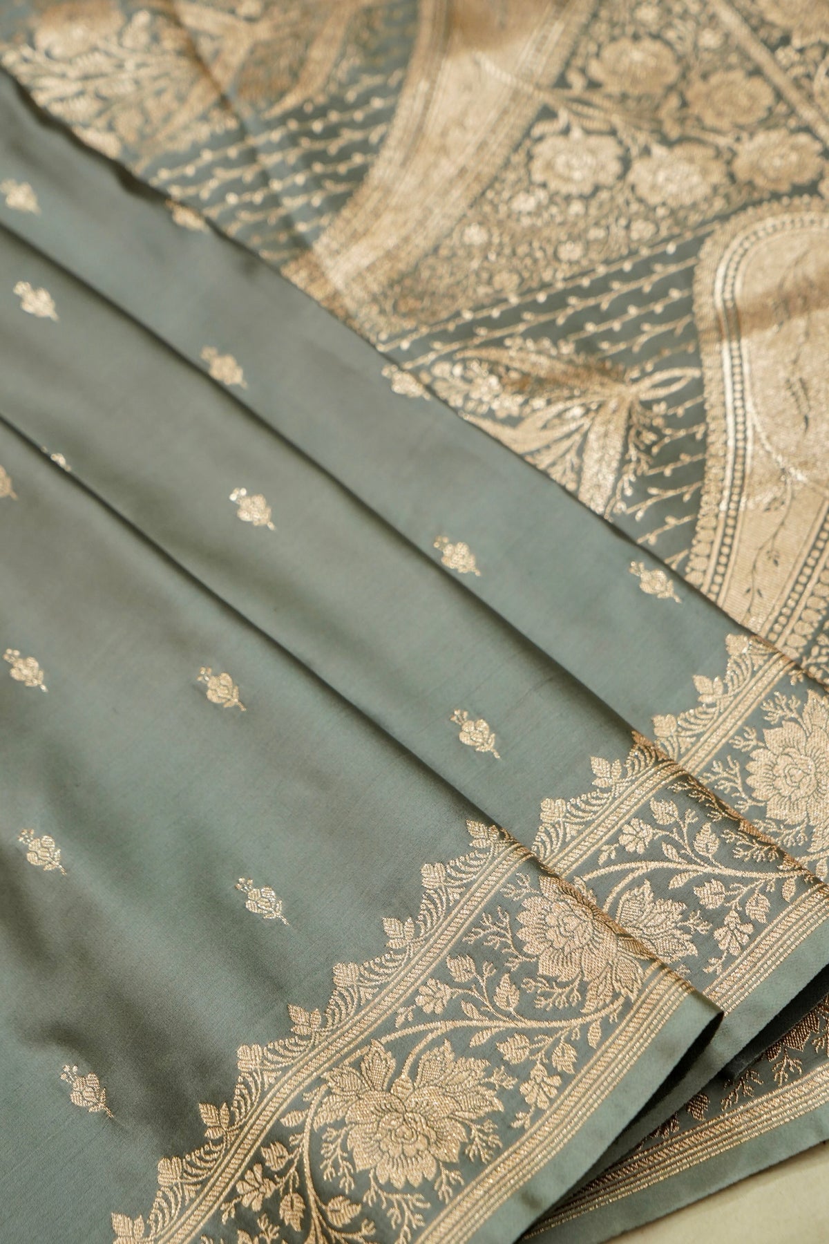 Kruti - Pure Katan Silk Saree in Sage Grey