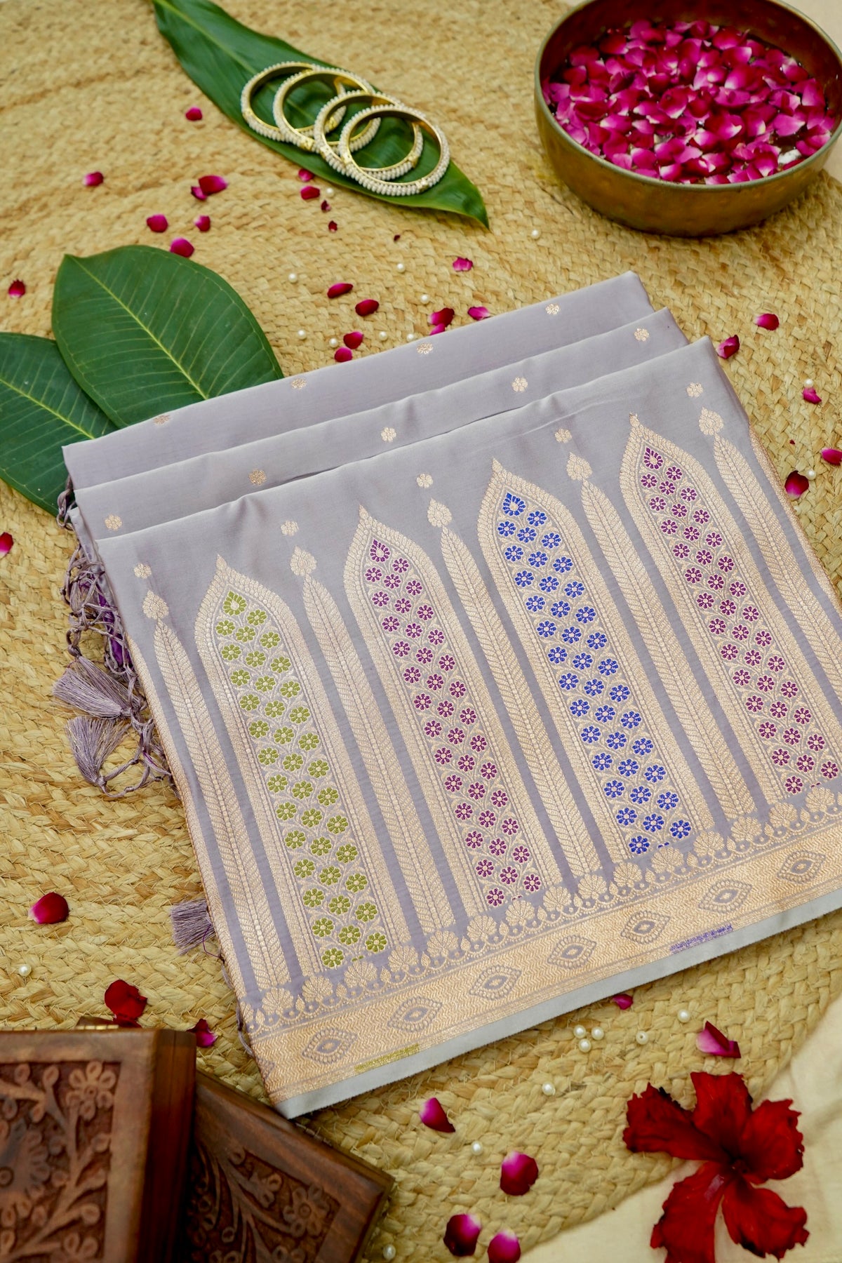 Saadgi - Lavender Grey Pure Katan Silk Saree with Multicolor Meenakari Border