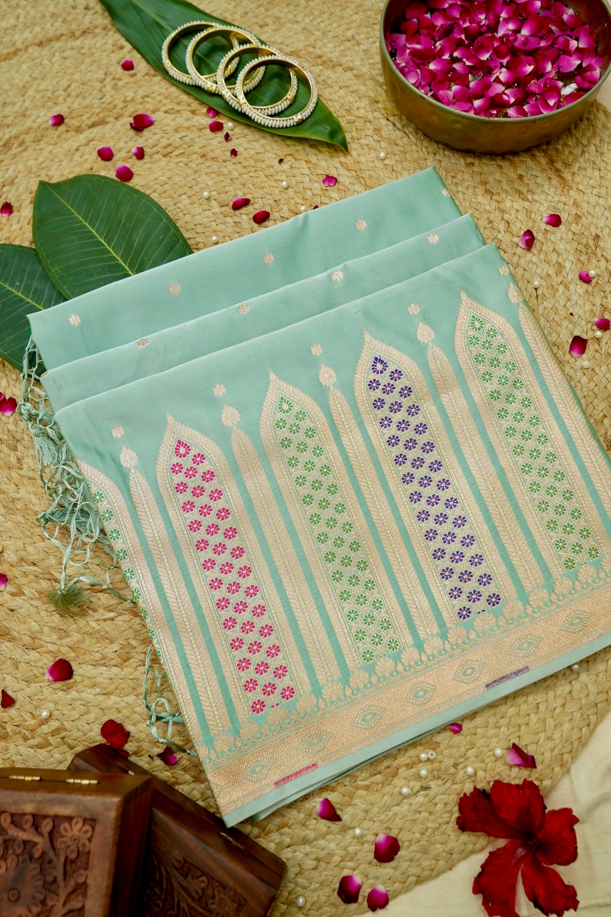 Saadgi - Mint Green Pure Katan Silk Saree with Multicolor Meenakari Border