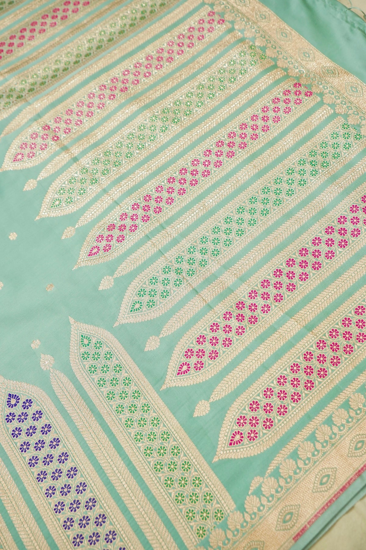 Saadgi - Mint Green Pure Katan Silk Saree with Multicolor Meenakari Border