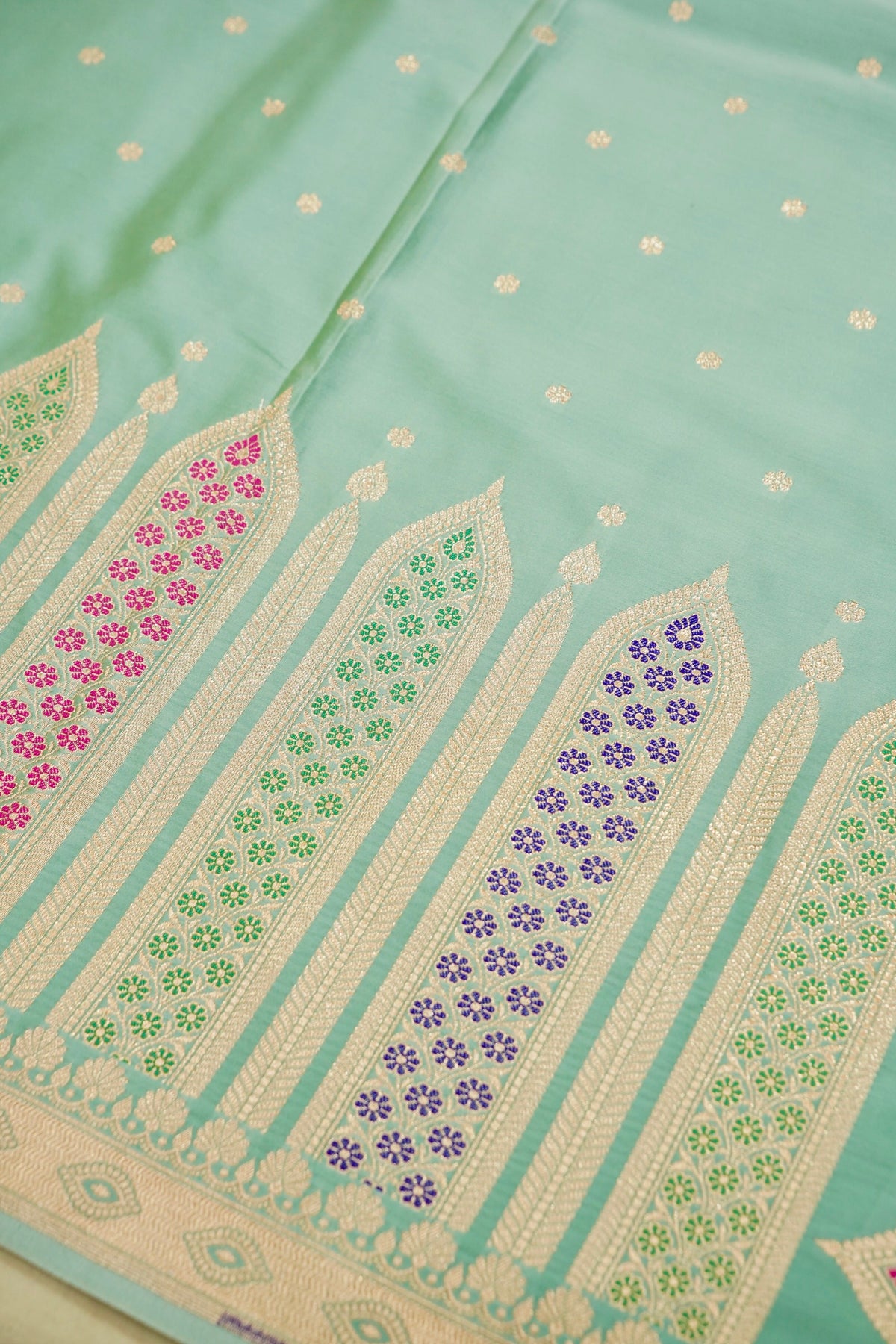 Saadgi - Mint Green Pure Katan Silk Saree with Multicolor Meenakari Border
