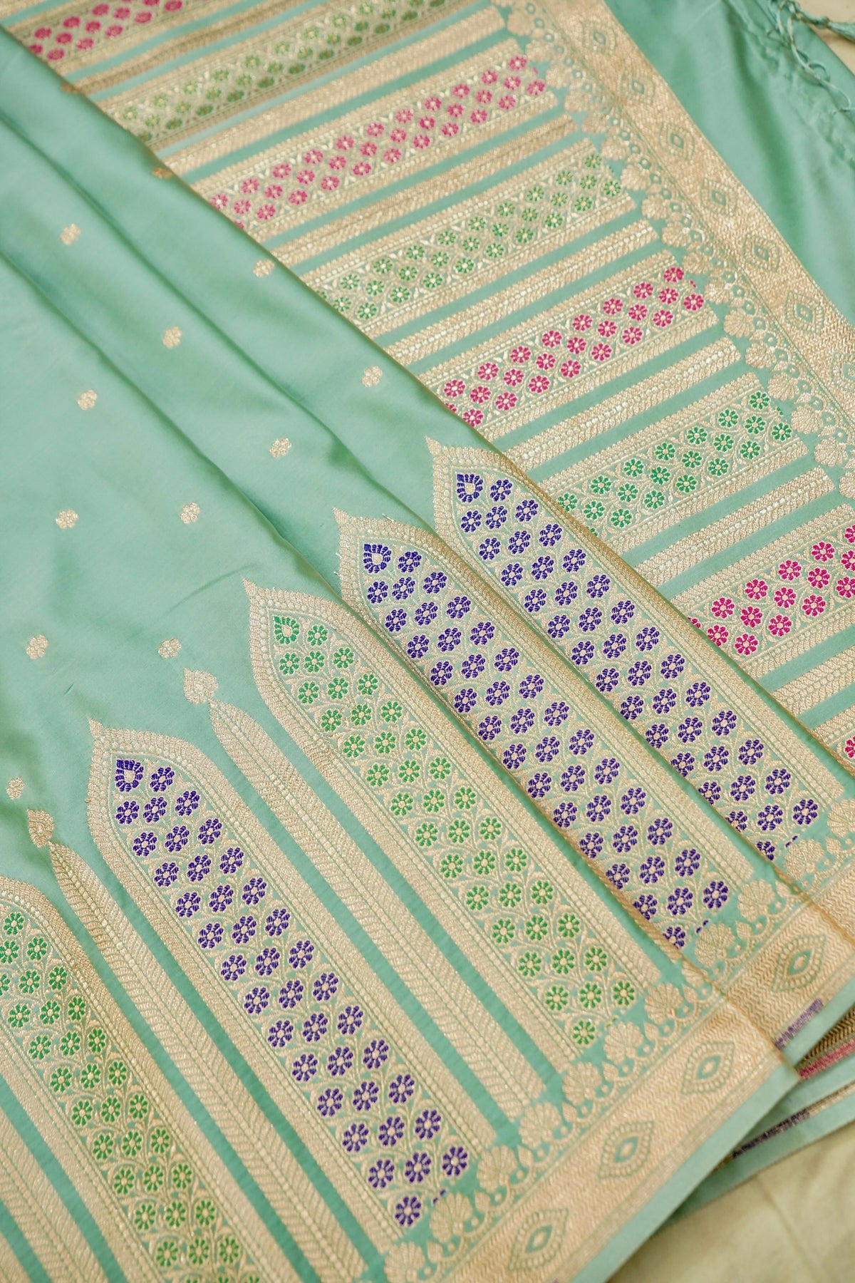 Saadgi - Mint Green Pure Katan Silk Saree with Multicolor Meenakari Border