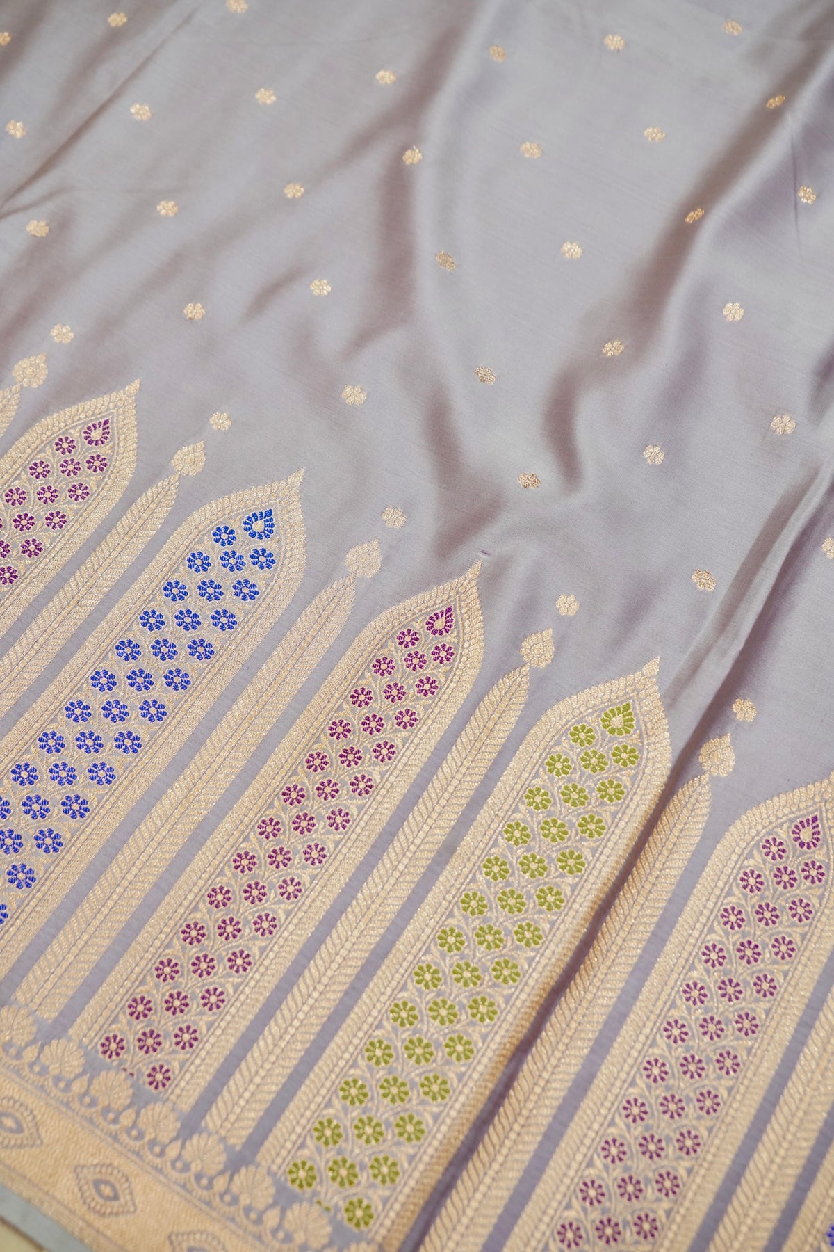 Saadgi - Lavender Grey Pure Katan Silk Saree with Multicolor Meenakari Border