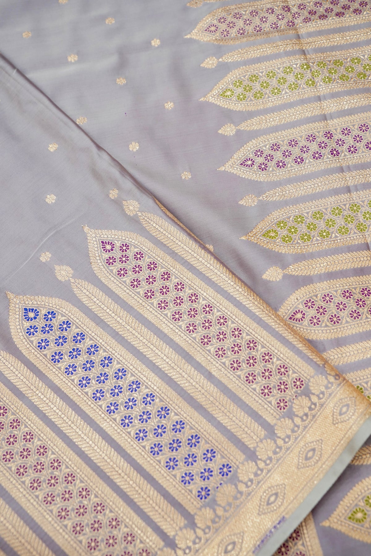 Saadgi - Lavender Grey Pure Katan Silk Saree with Multicolor Meenakari Border