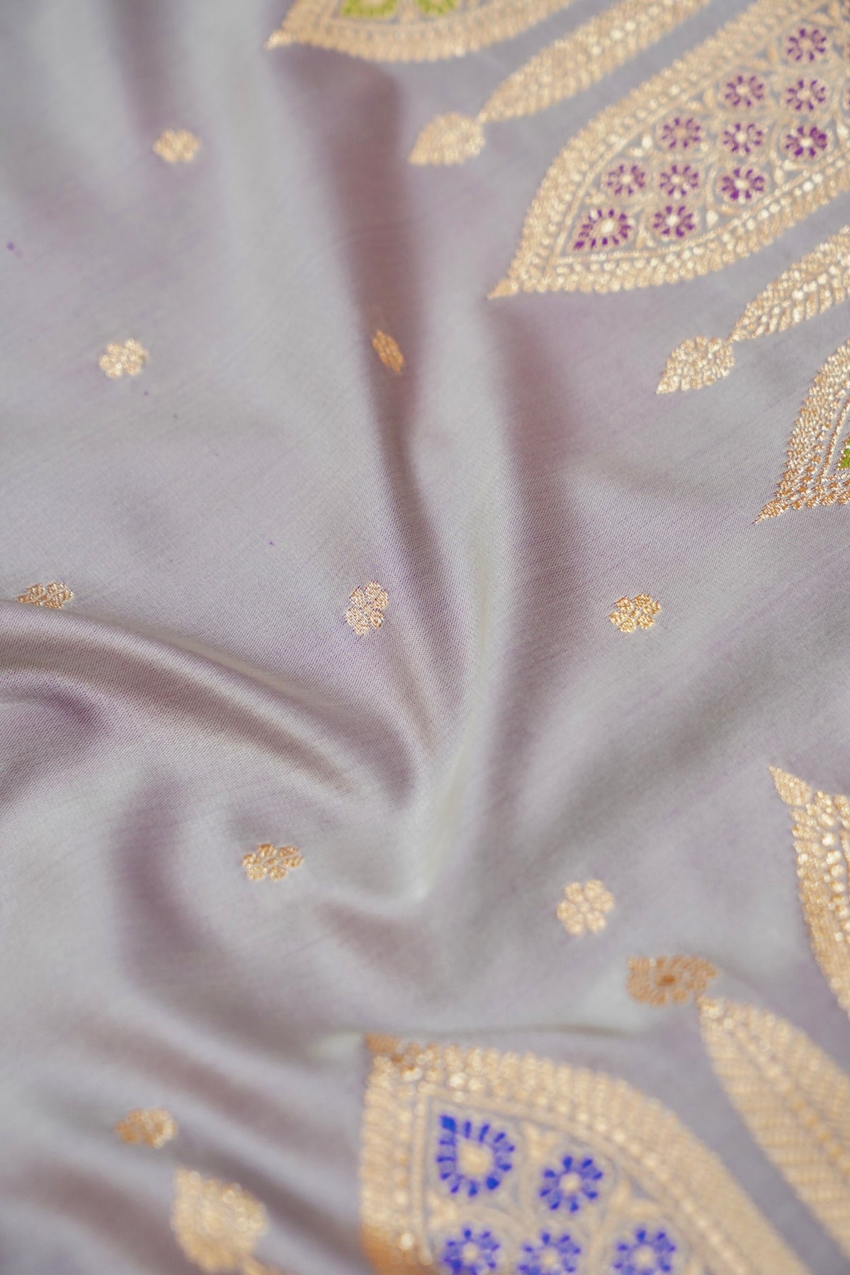Saadgi - Lavender Grey Pure Katan Silk Saree with Multicolor Meenakari Border